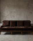 Chocolate velvet tufted sofa, front view