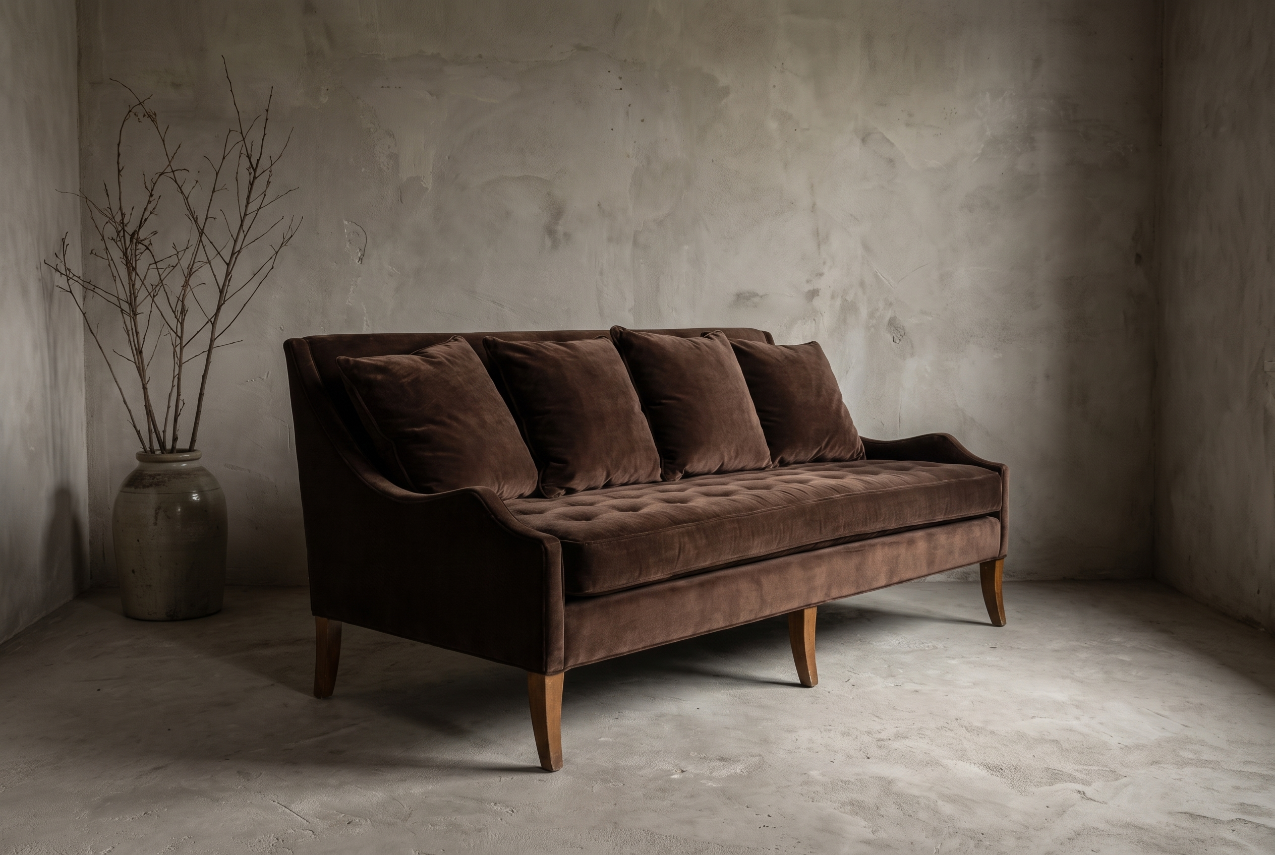 Chocolate velvet tufted sofa, three-quarter view