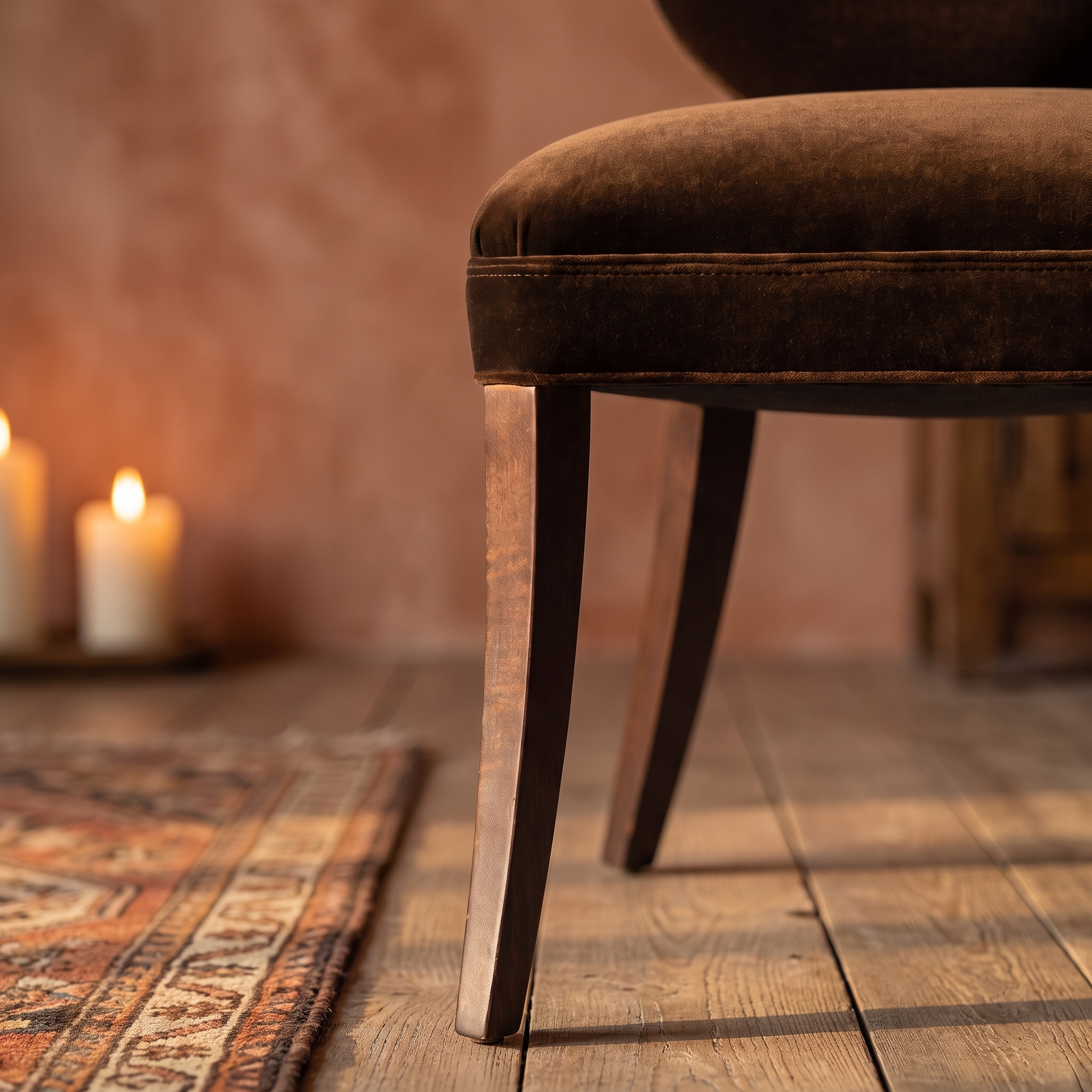 Detail of the tapered saber leg and seat cushion edge stitching, alternate angle, warm domestic room