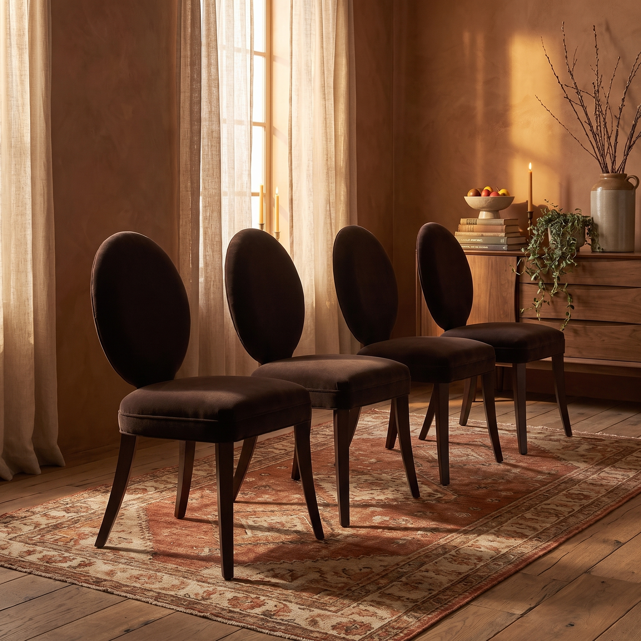 Four Mitchell Gold + Bob Williams oval-back dining chairs in espresso brown velvet, staged together in a warm candlelit dining room