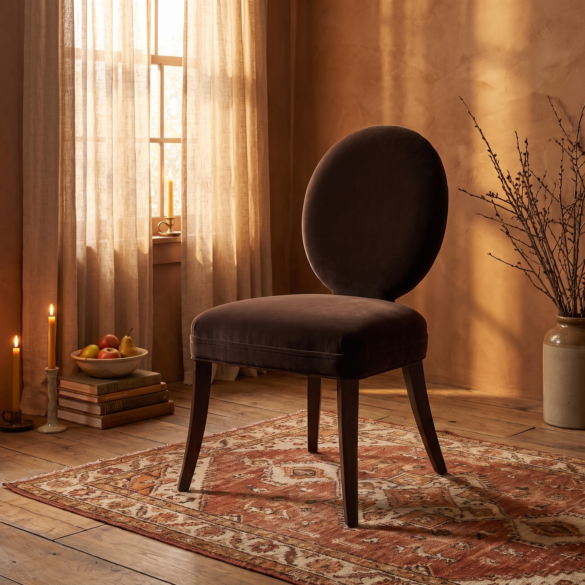 Mitchell Gold + Bob Williams oval-back dining chair in espresso brown velvet, three-quarter view, warm candlelit room