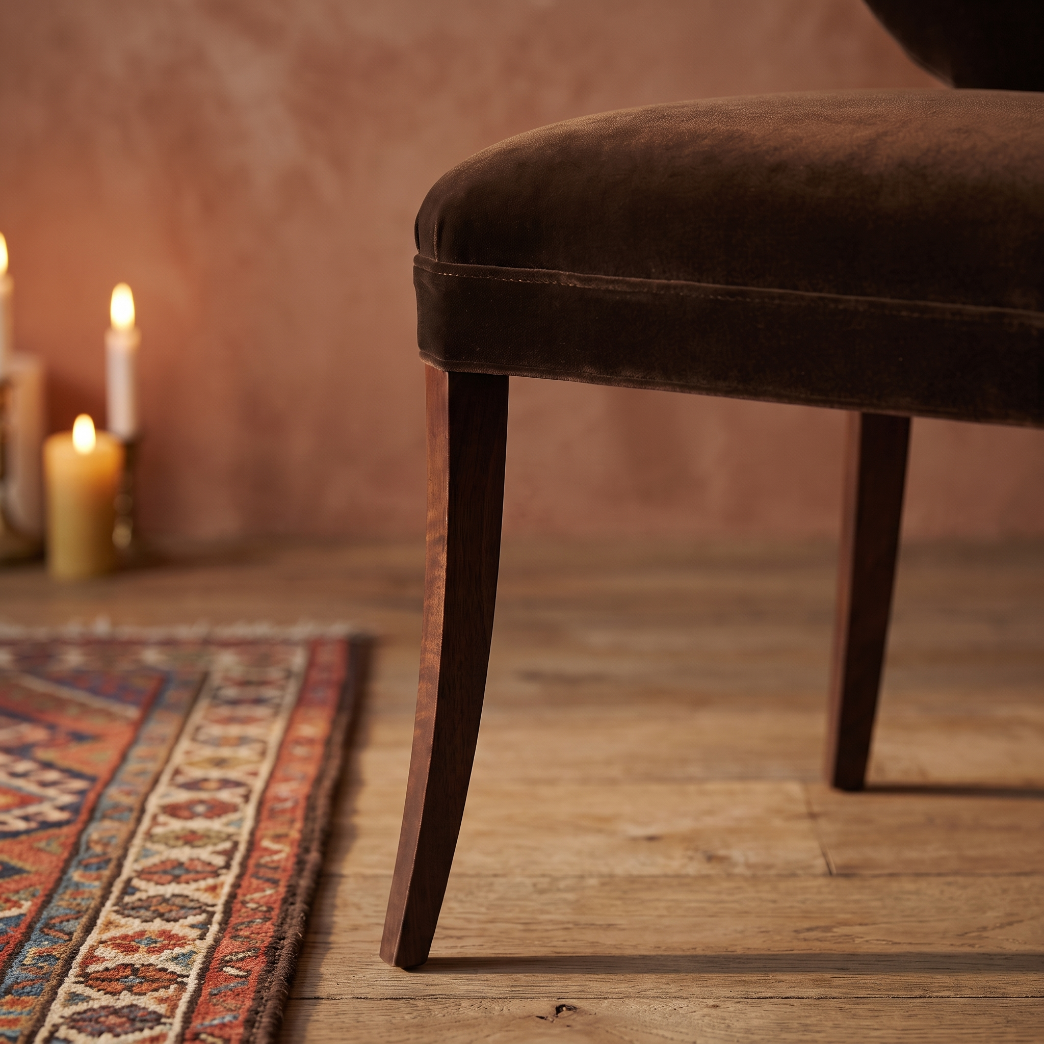 Detail of the tapered saber leg and seat cushion edge stitching, warm domestic room