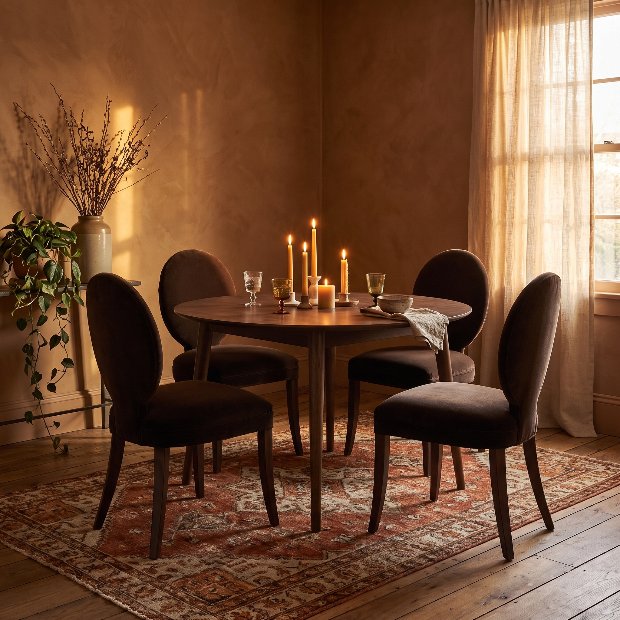 All four chairs pulled up around a round dining table set with candles in a warm, lived-in dining room