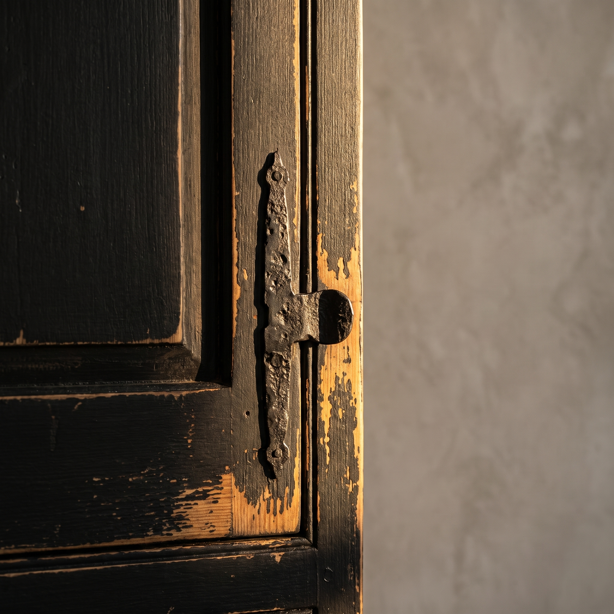 Detail of the Little Pantry Armoire's wrought iron strap hinge and thumb latch against the distressed black paint