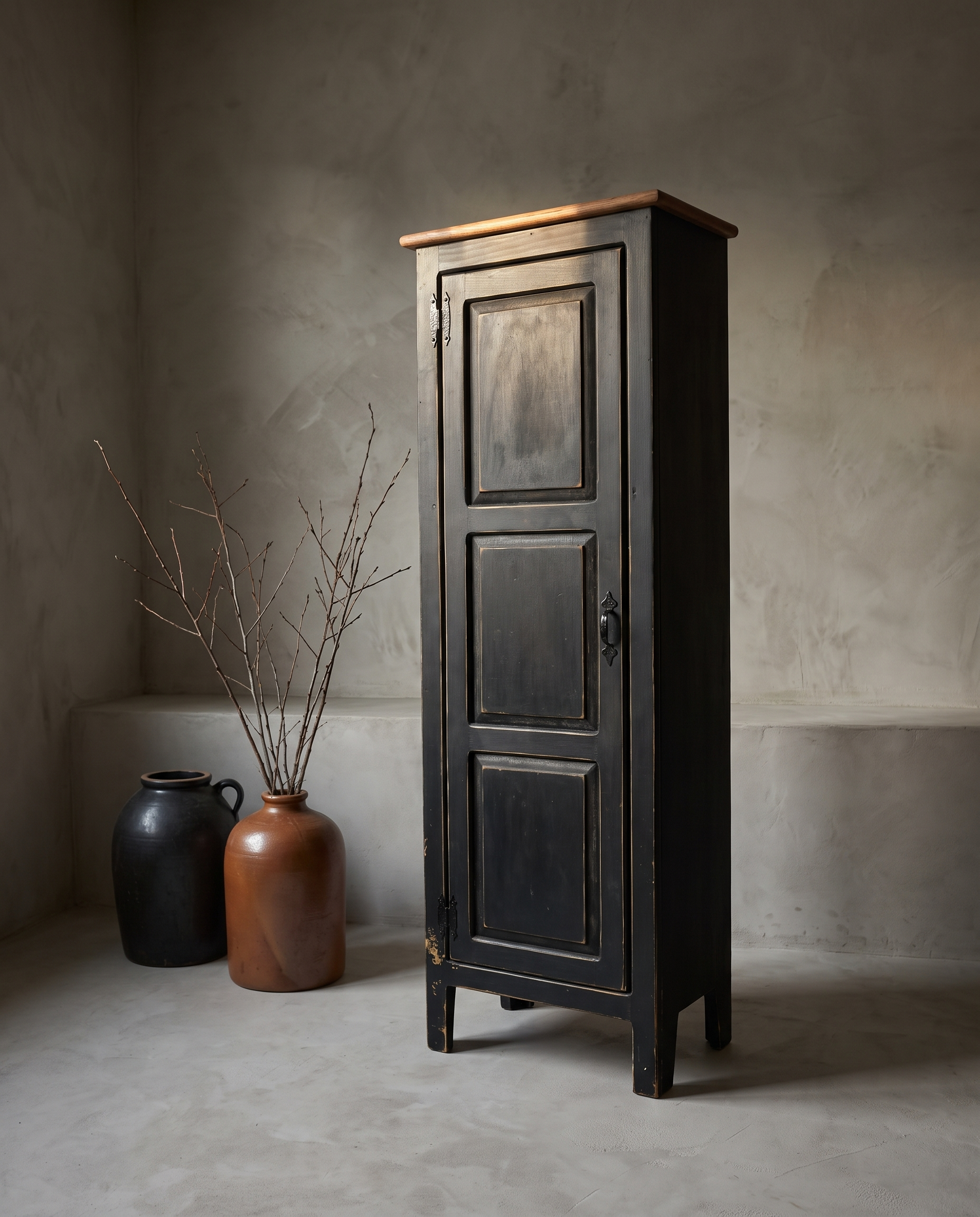 Little Pantry Armoire, narrow black distressed pantry cabinet, lifestyle hero in a greige plaster room with stoneware vessels and dried branches