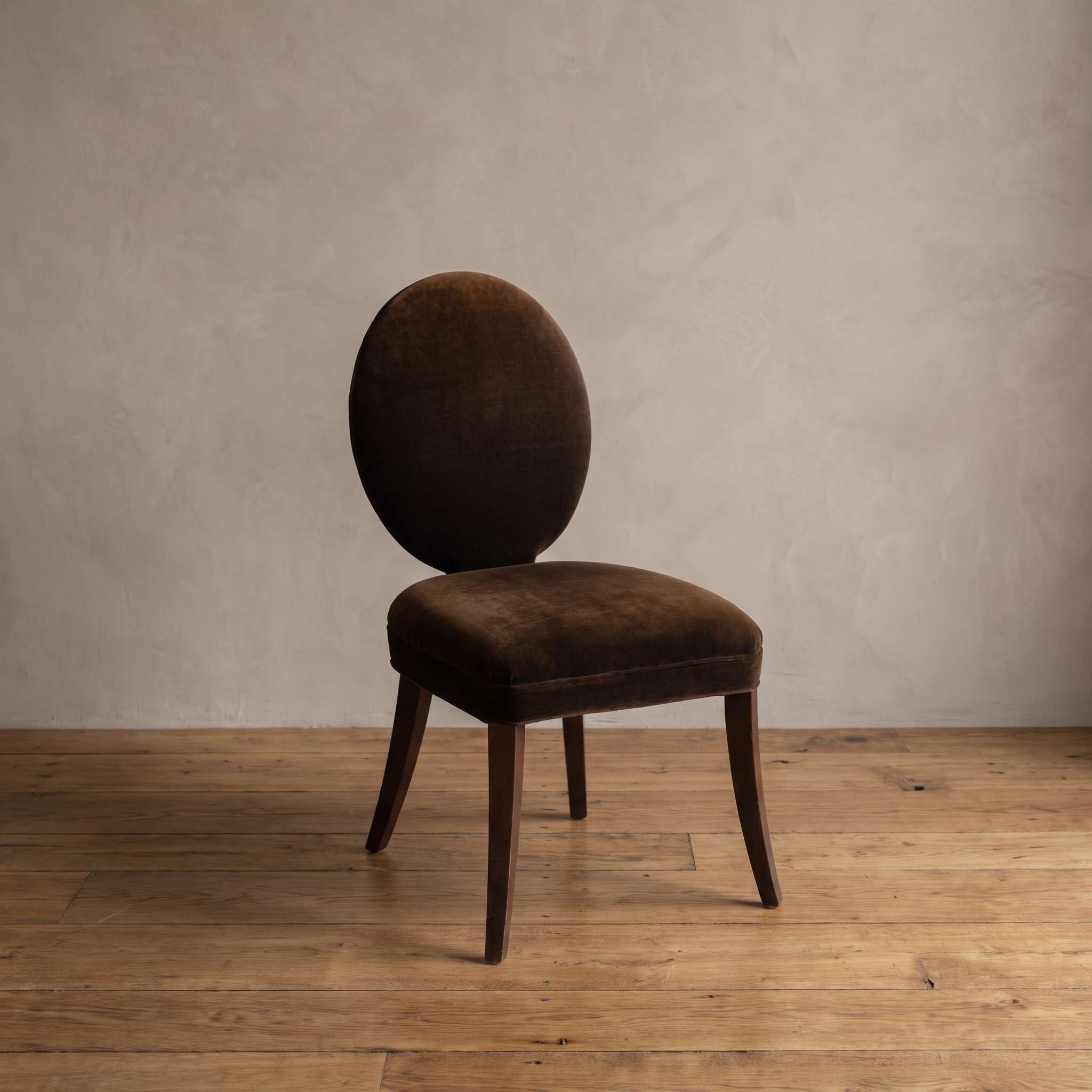 Mitchell Gold + Bob Williams oval-back dining chair in espresso brown velvet, alternate three-quarter view