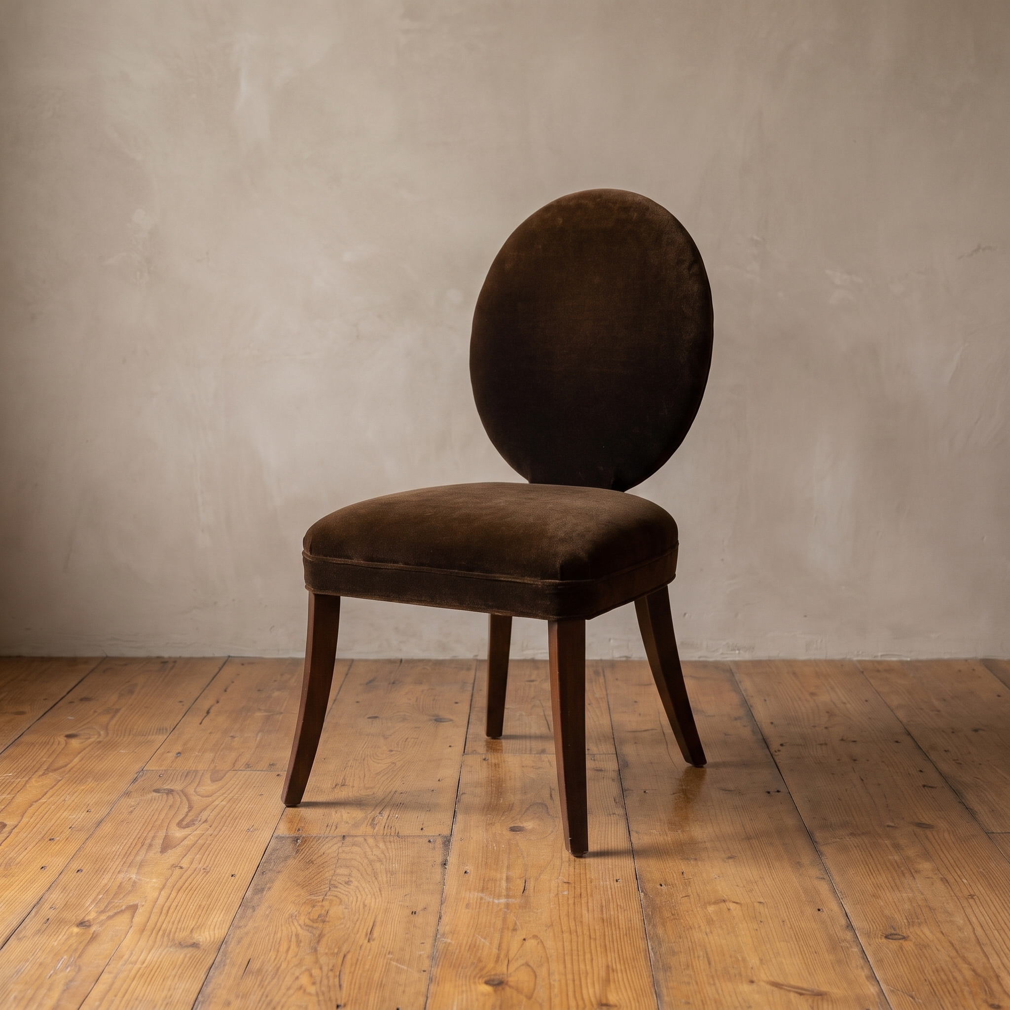 Mitchell Gold + Bob Williams oval-back dining chair in espresso brown velvet, three-quarter view