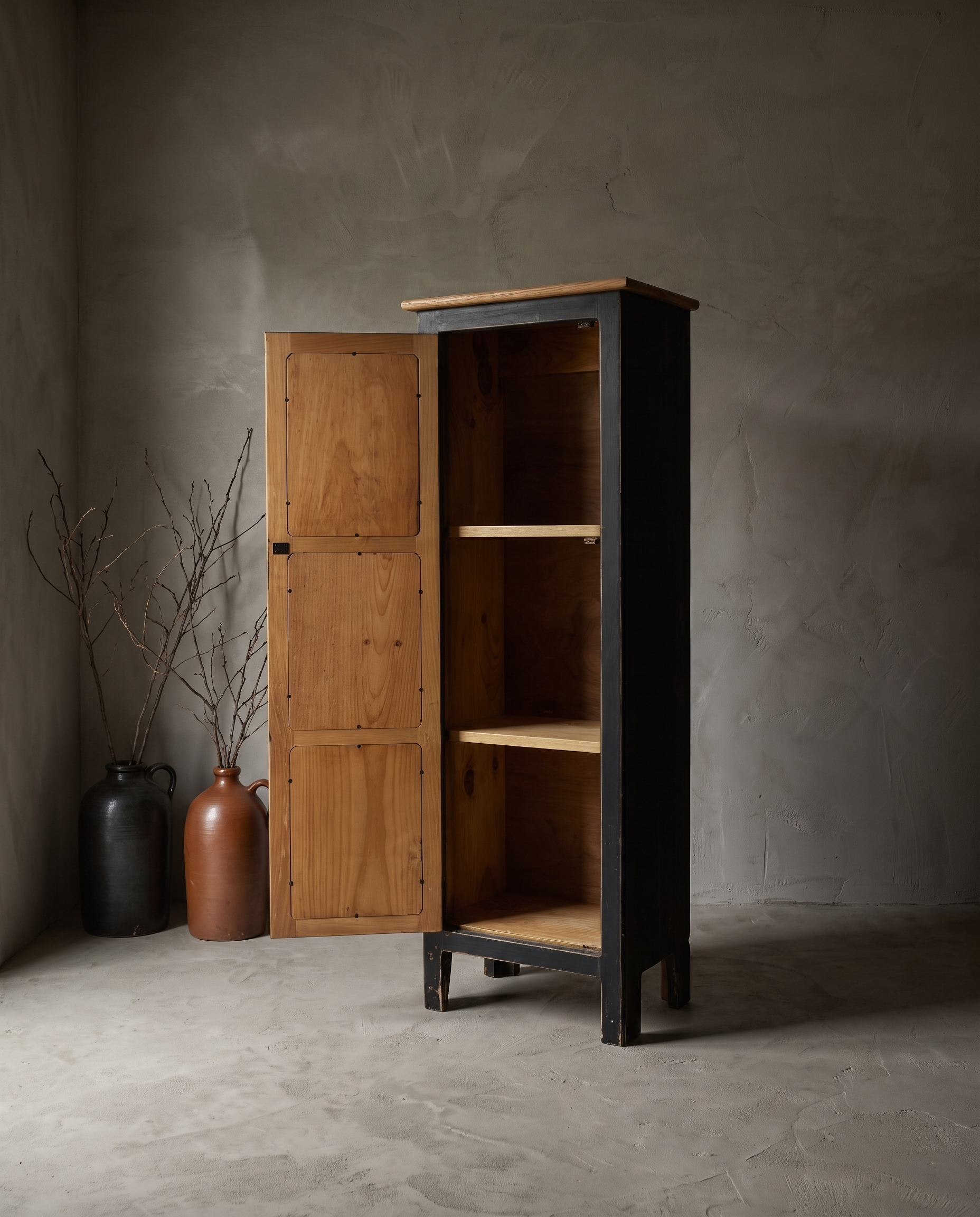 Little Pantry Armoire with door open showing three interior shelves in raw wood