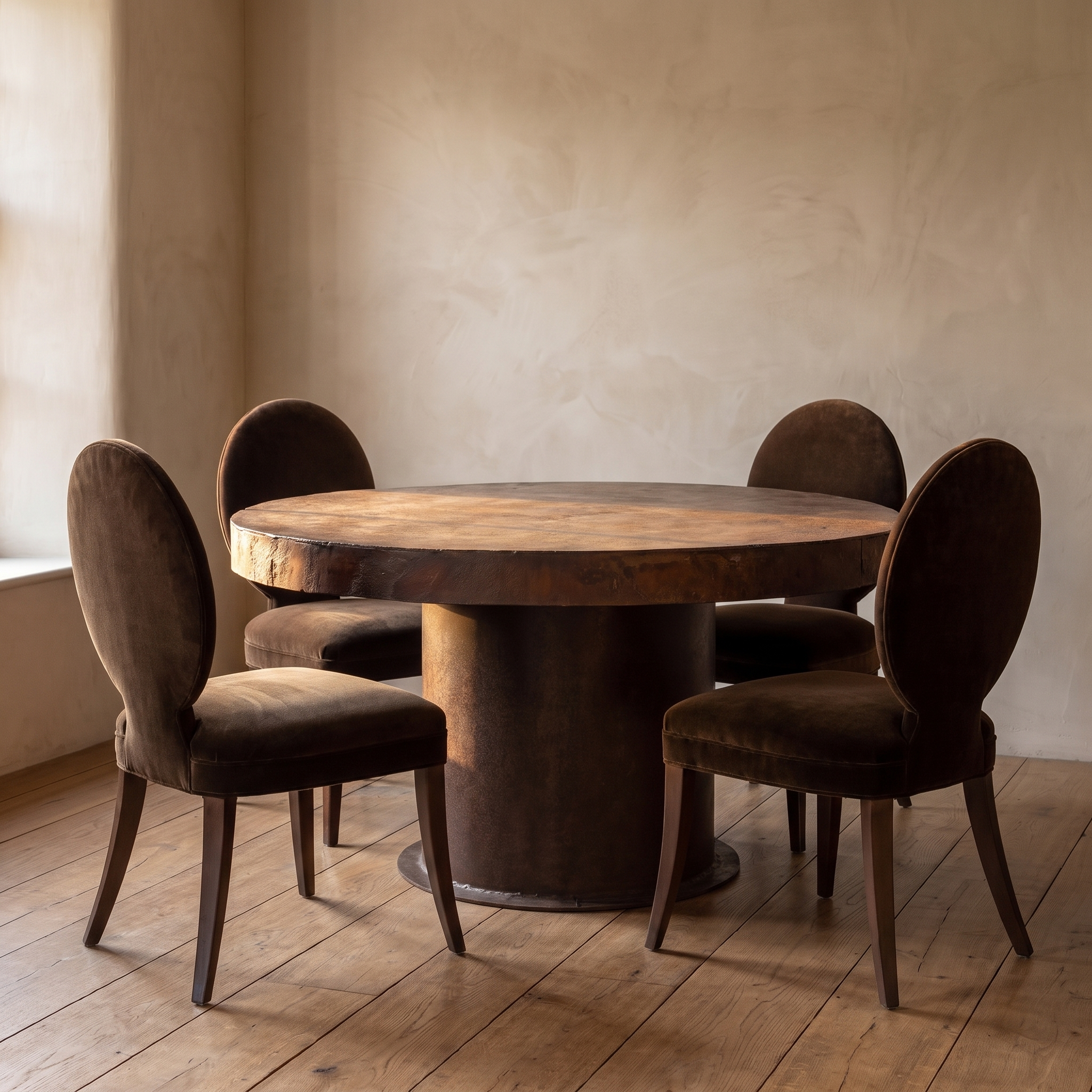All four chairs pulled up around a round reclaimed cast-iron boiler table