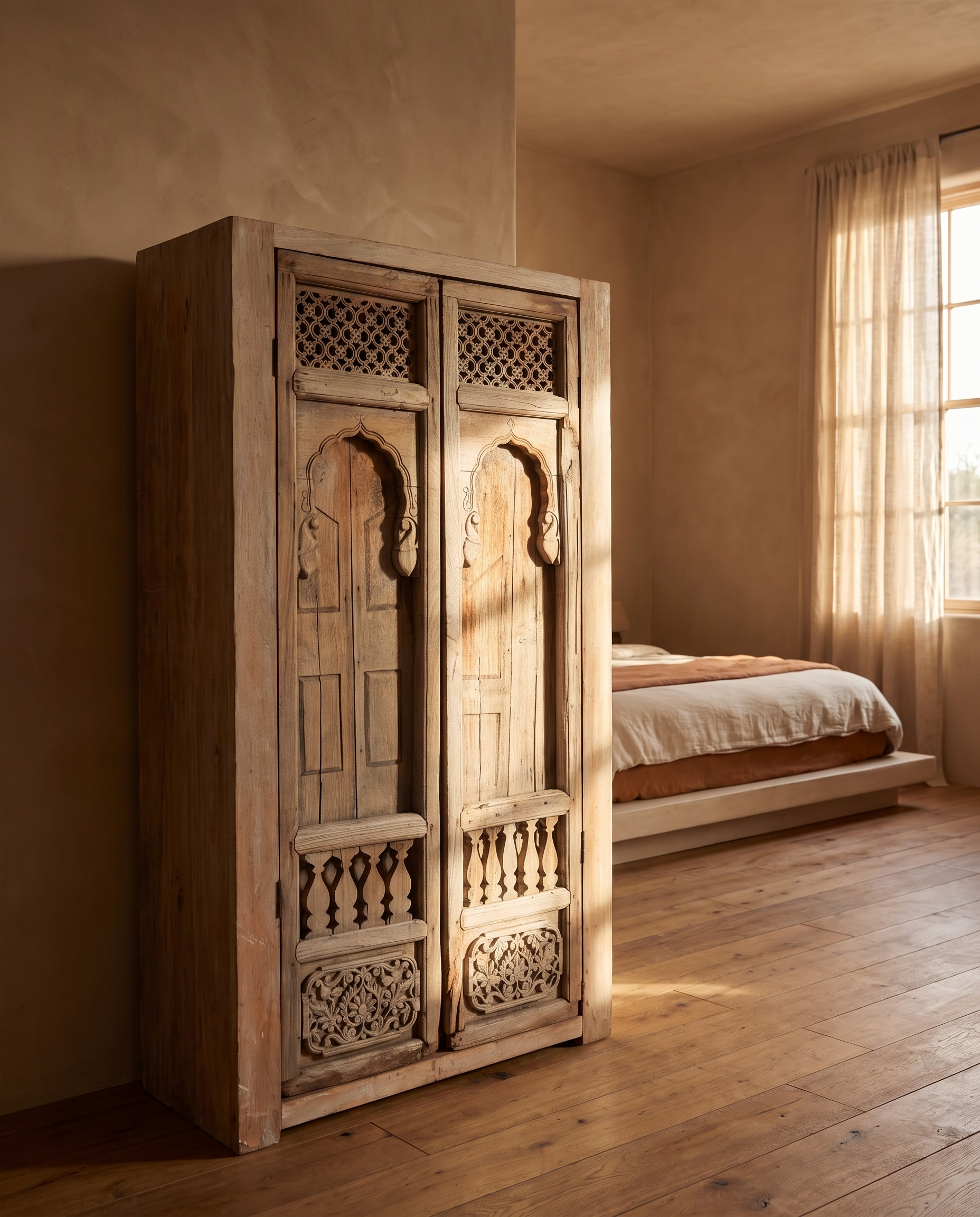 The Ubud Armoire styled in a warm, sunlit bedroom corner beside sheer curtains and a linen-dressed bed