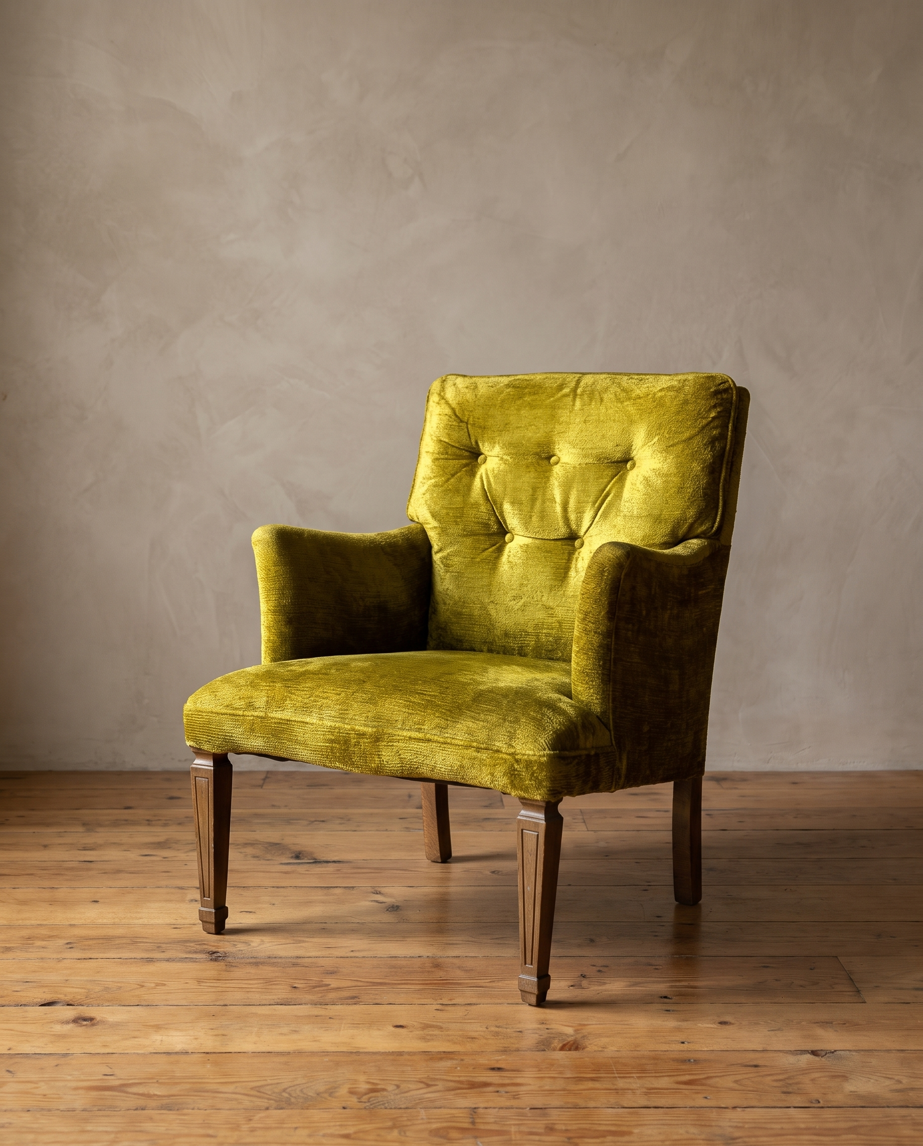 Chartreuse velvet diamond-tufted vintage armchair, three-quarter lifestyle view in a plaster and reclaimed-wood room