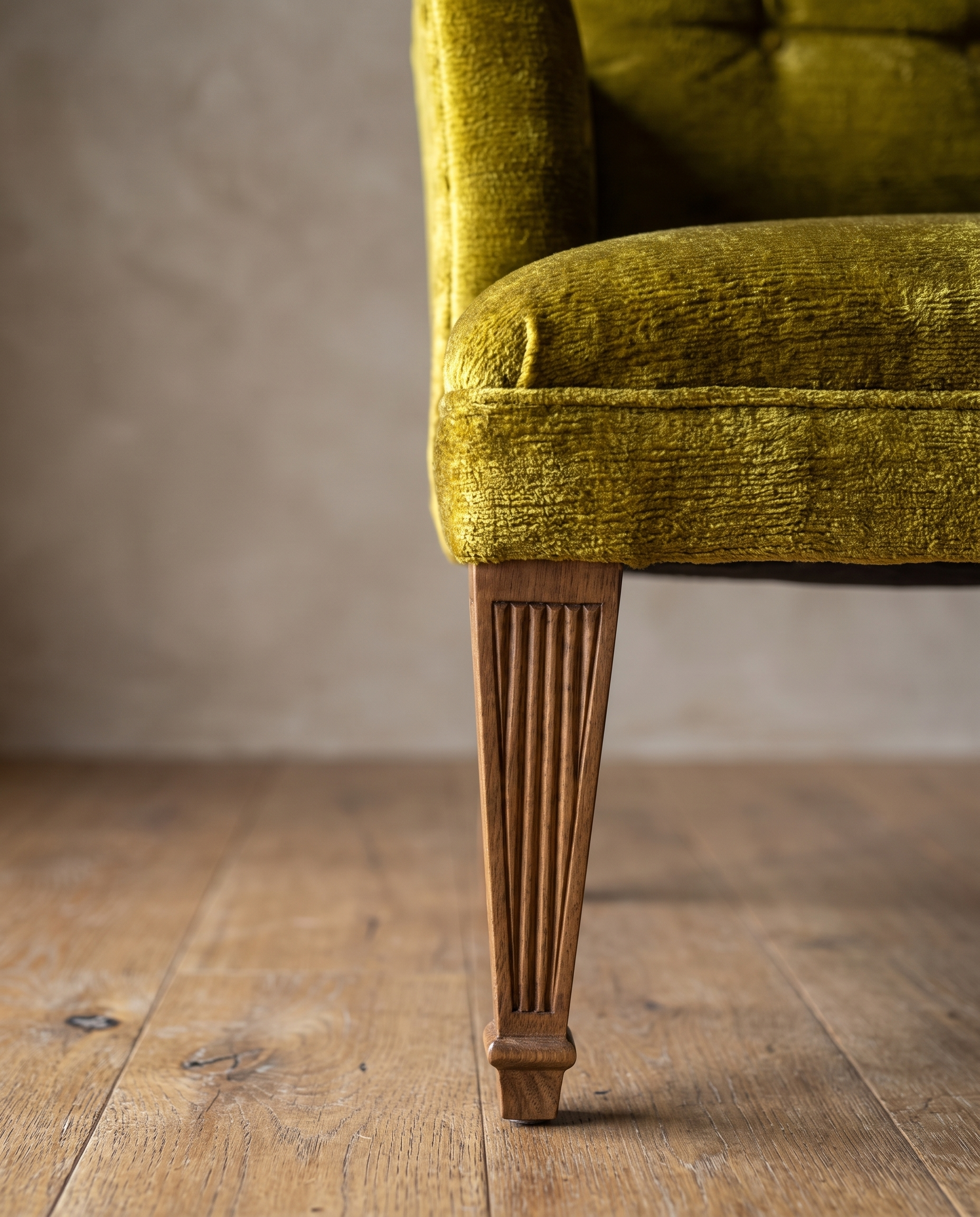 Macro detail of the square track arm and fluted tapered leg on the chartreuse velvet armchair