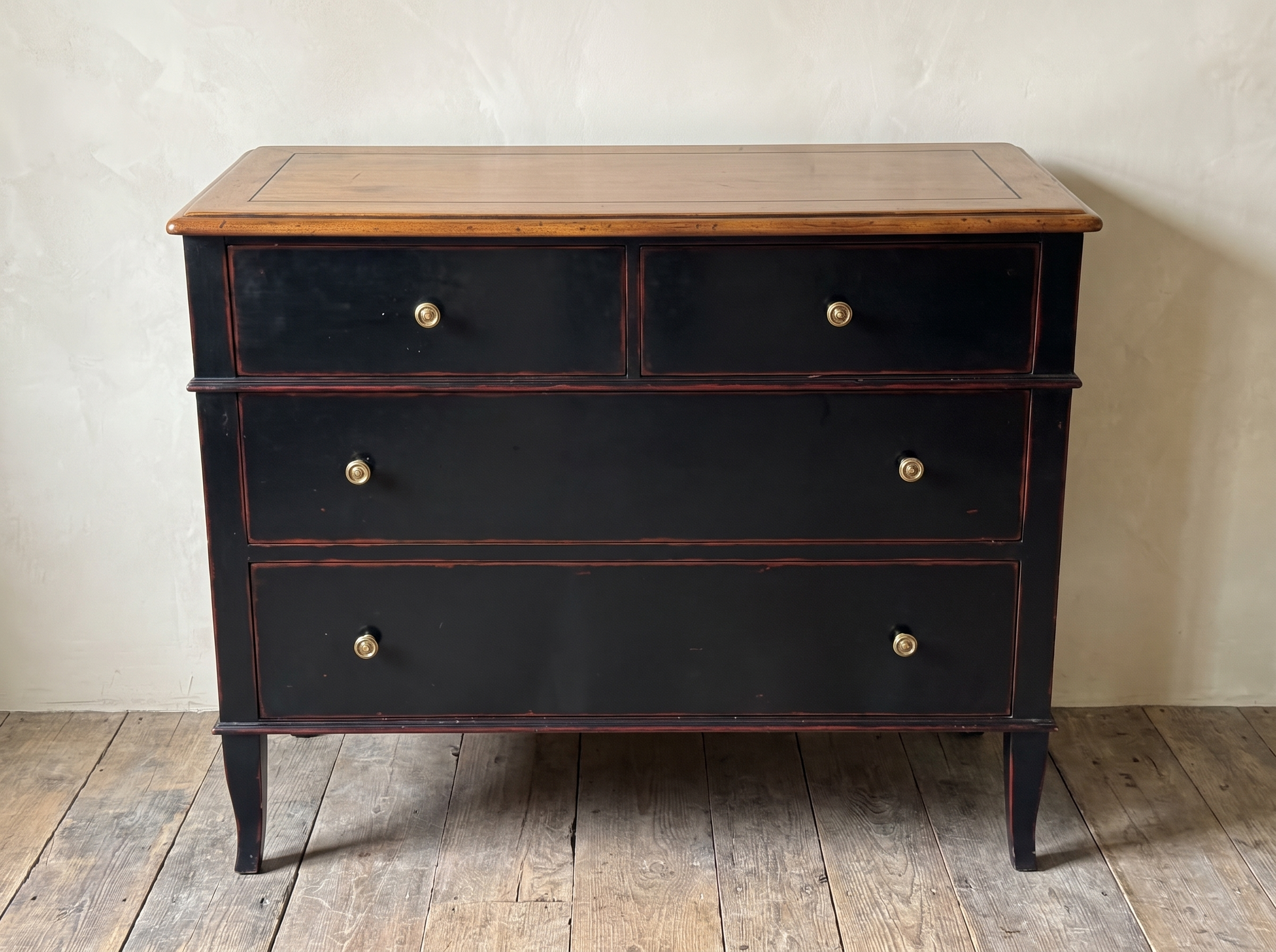 Atelier de Madeleine chest by Theodore Alexander, front view, ebonized finish with worn edges