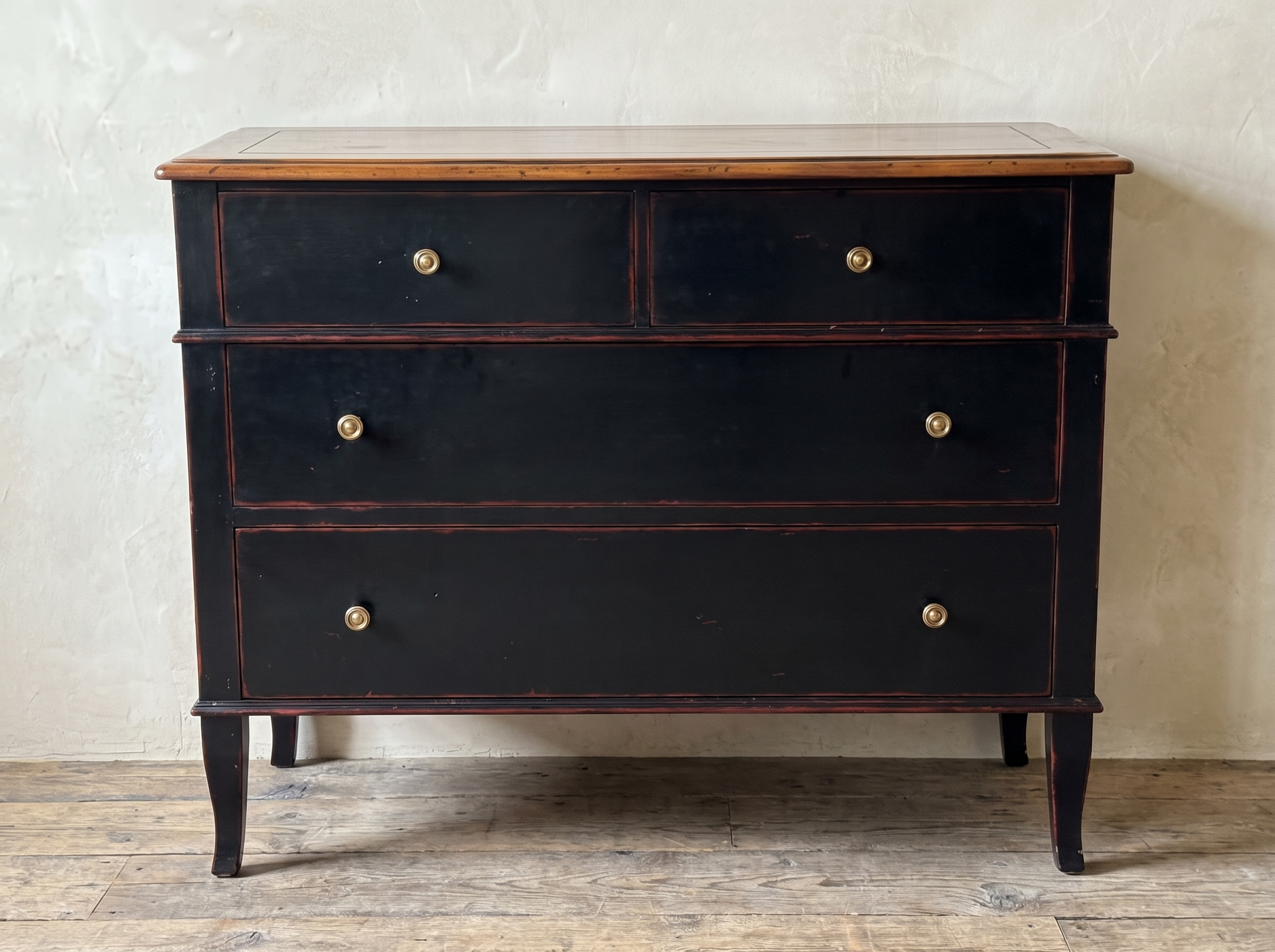 Atelier de Madeleine chest, alternate front view, ebonized finish with worn edges