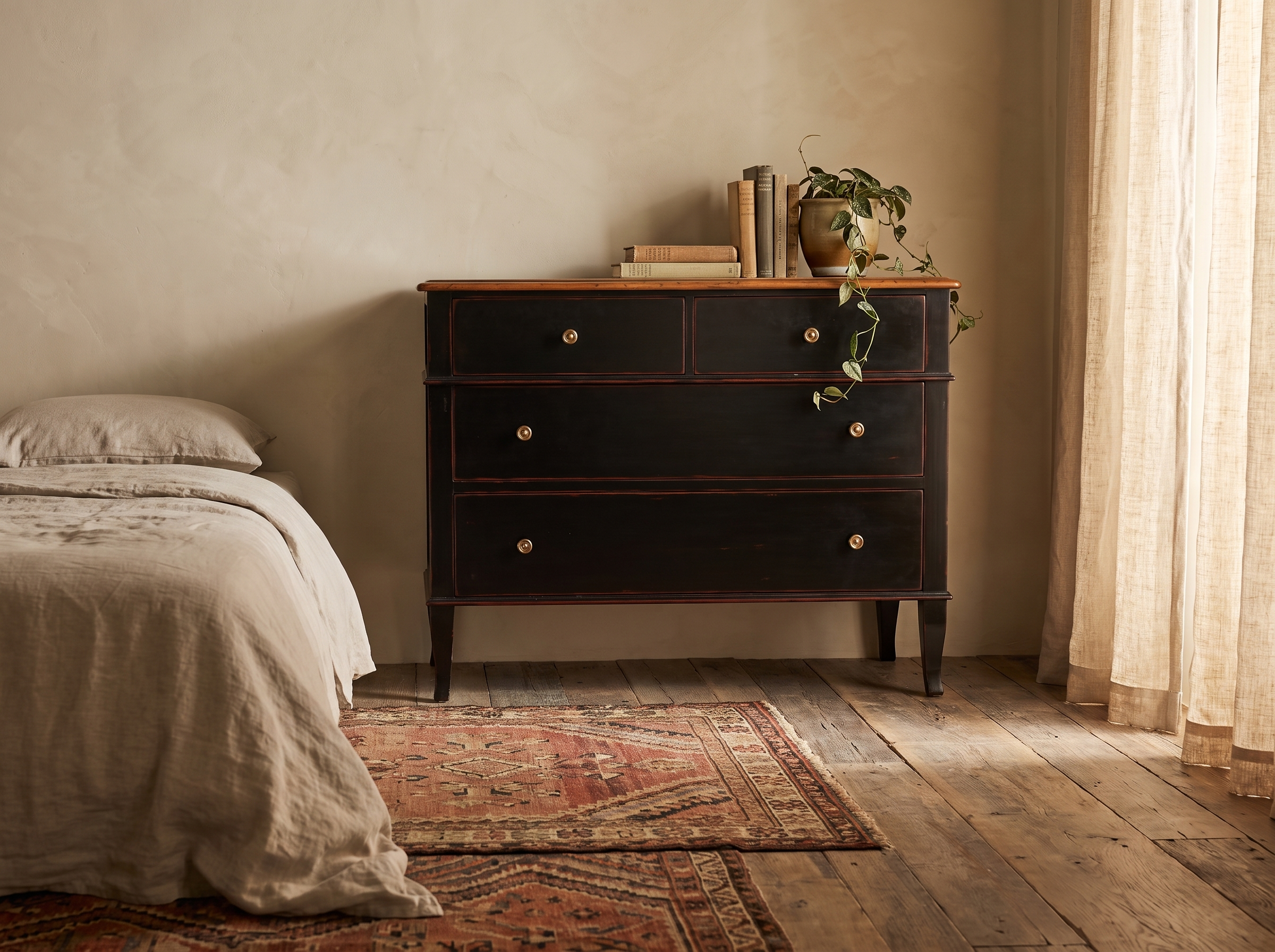 Atelier de Madeleine chest in a warm bedroom setting beside a linen-dressed bed, kilim rug, Axel Vervoordt wabi-sabi style
