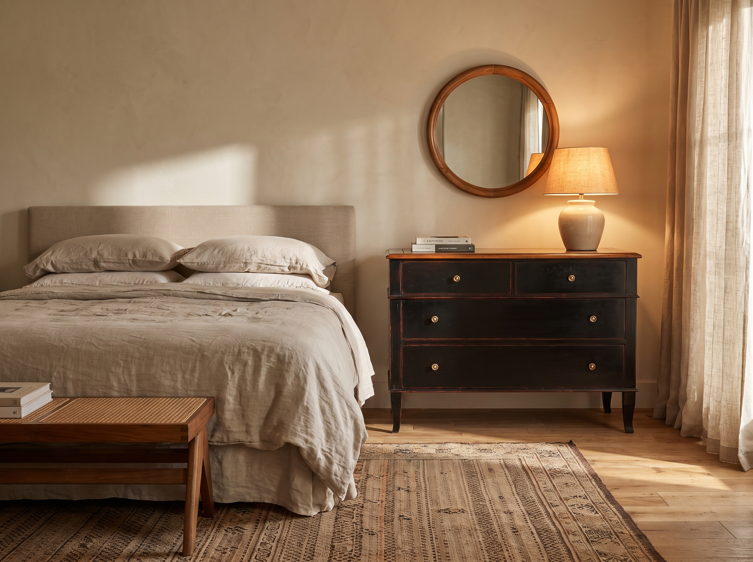 Atelier de Madeleine chest in a fully furnished bedroom with bed, mirror, and lamp, correctly scaled at full size, Axel Vervoordt wabi-sabi style