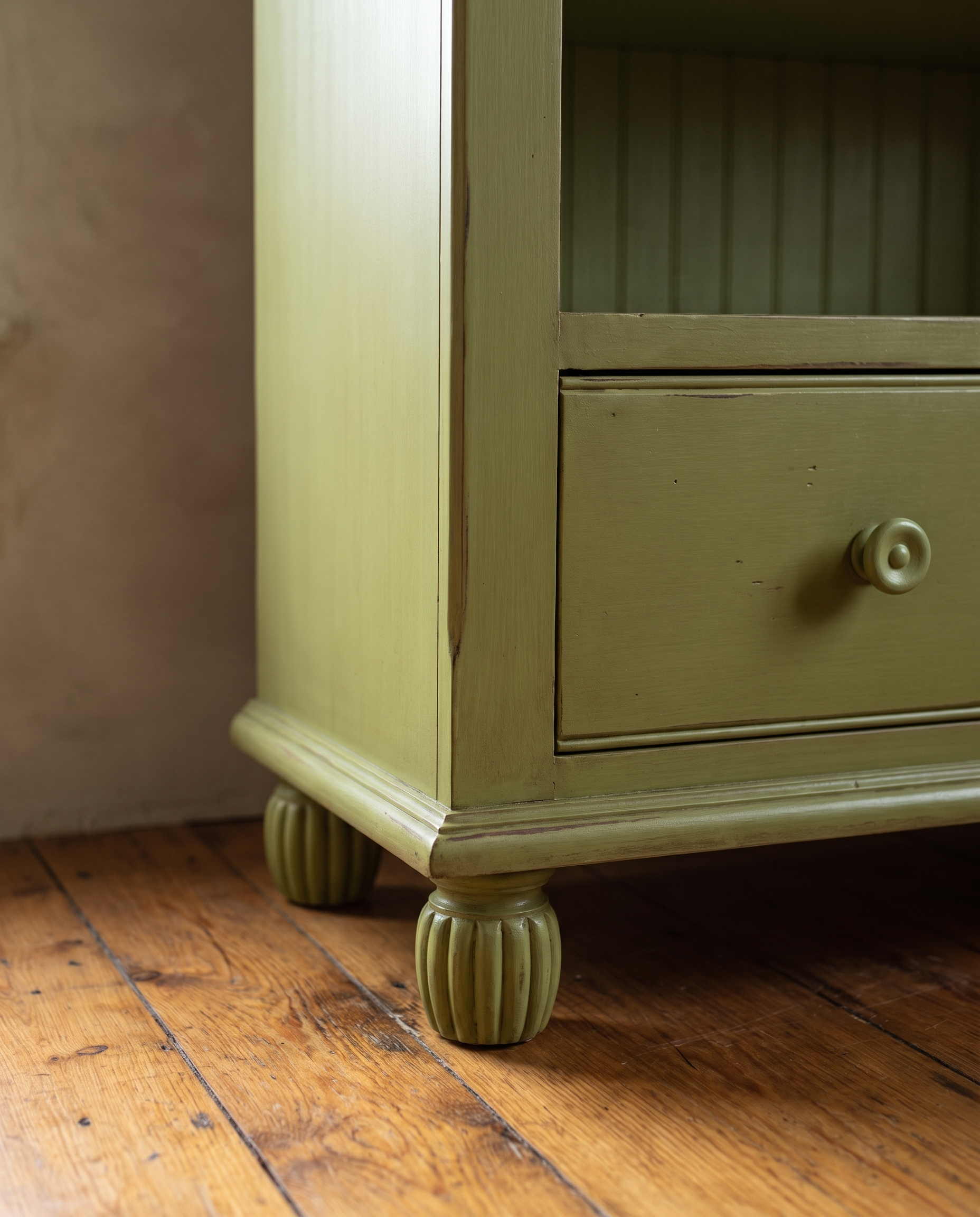 Close-up of a drawer with a round painted knob and a reeded bun foot on a wood floor