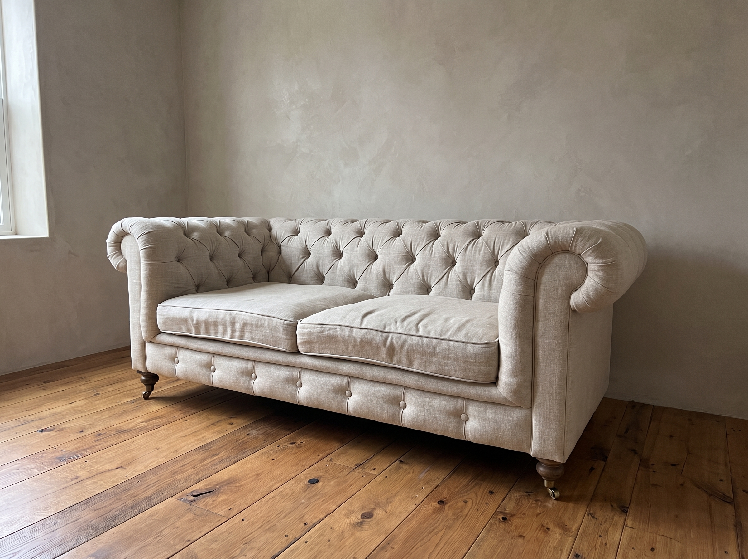 Three-quarter view of the oat linen Chesterfield showing the rolled arms and relaxed seat cushions