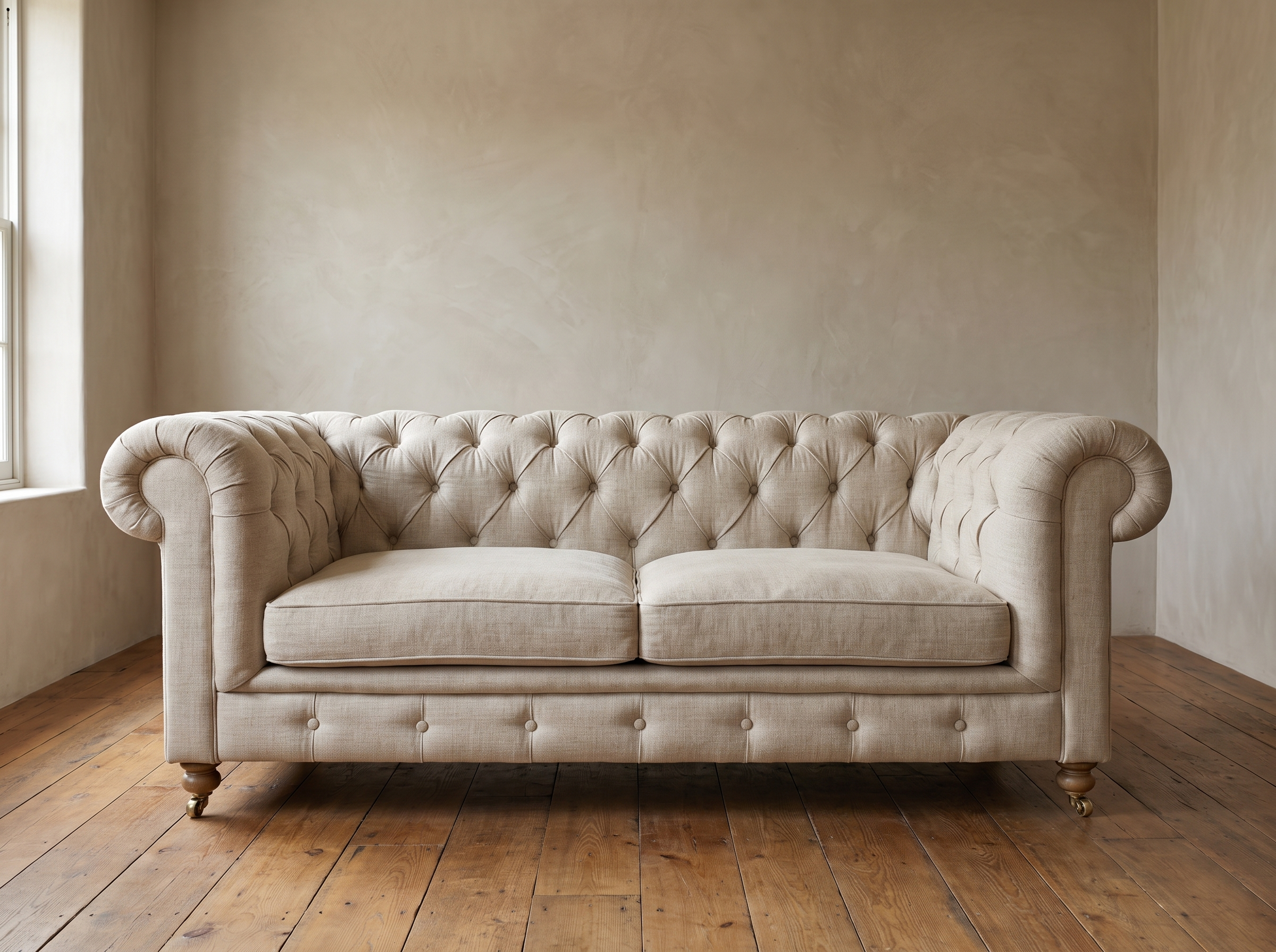 Natural oat Belgian linen Chesterfield sofa, straight-on front view in a plaster-walled room with a reclaimed wood floor
