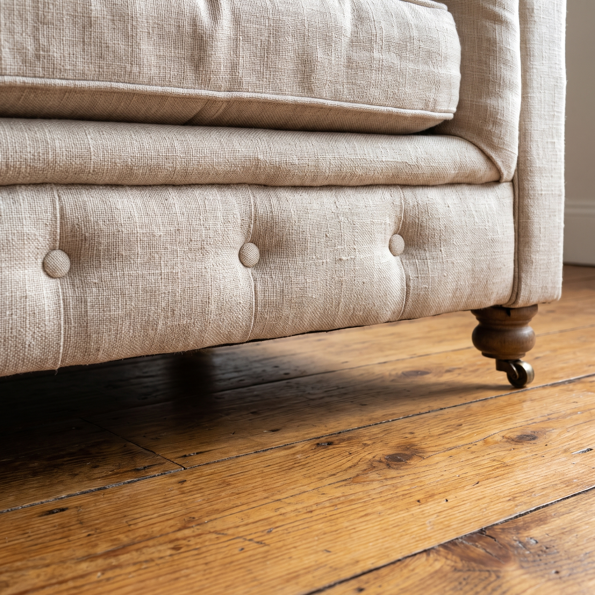 Low detail of the tufted base rail with its single row of buttons, a turned wood leg and brass caster on the reclaimed wood floor