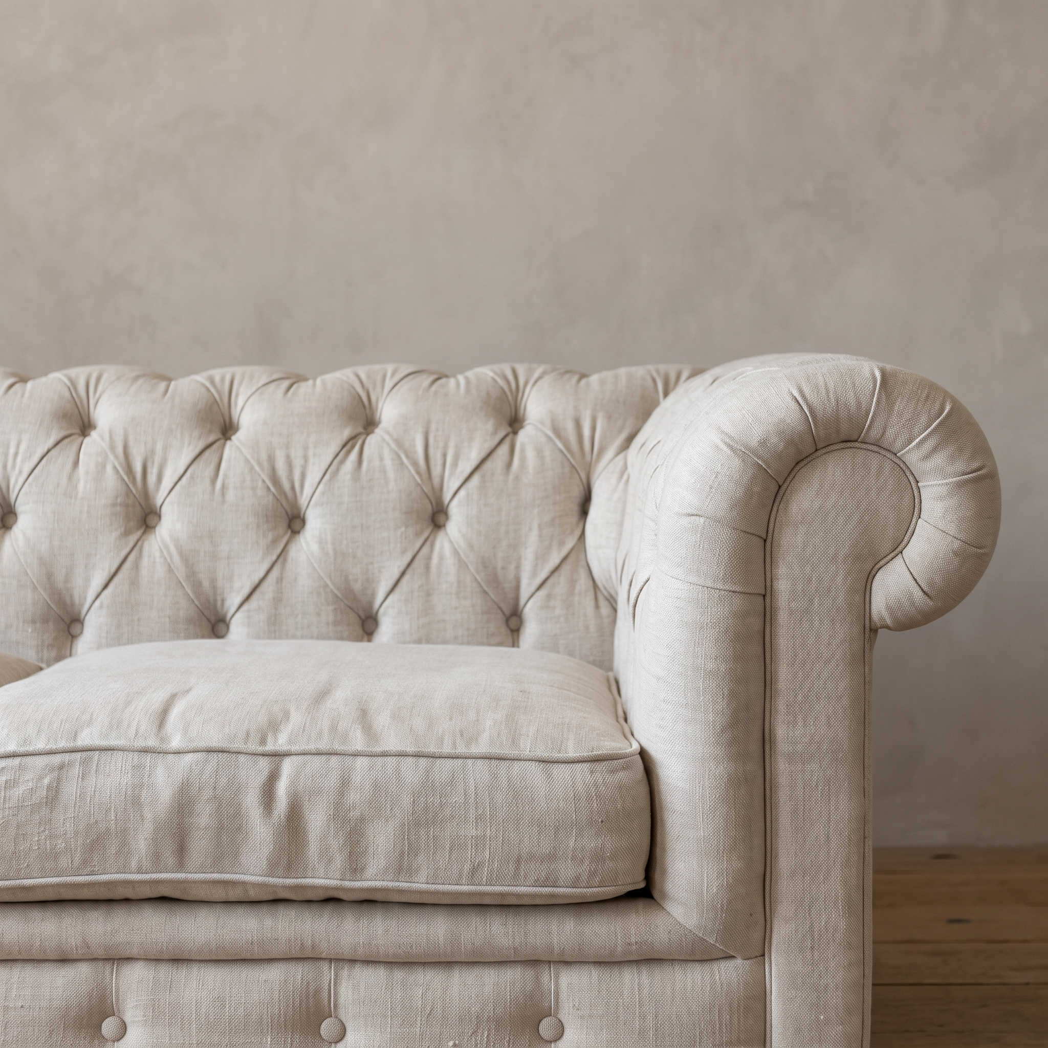 Detail of the rolled scroll arm meeting the button-tufted back, with the linen weave visible
