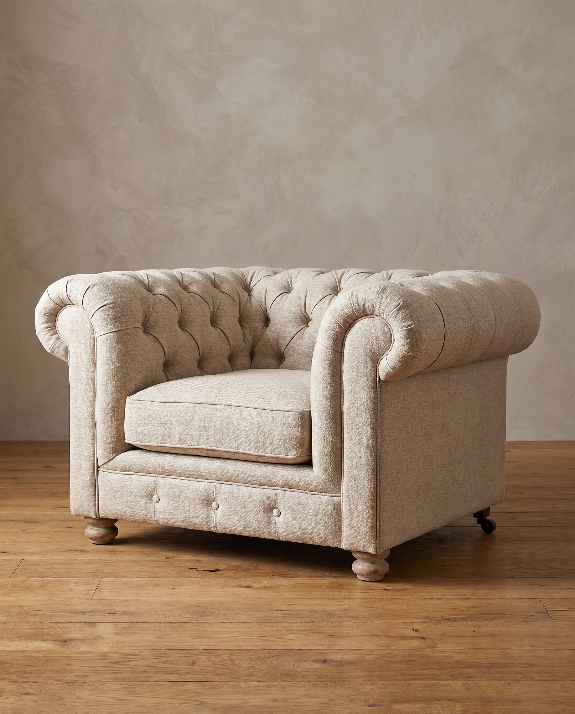 The chesterfield chair seen at forty-five degrees, showing its low deep proportions and turned wood feet
