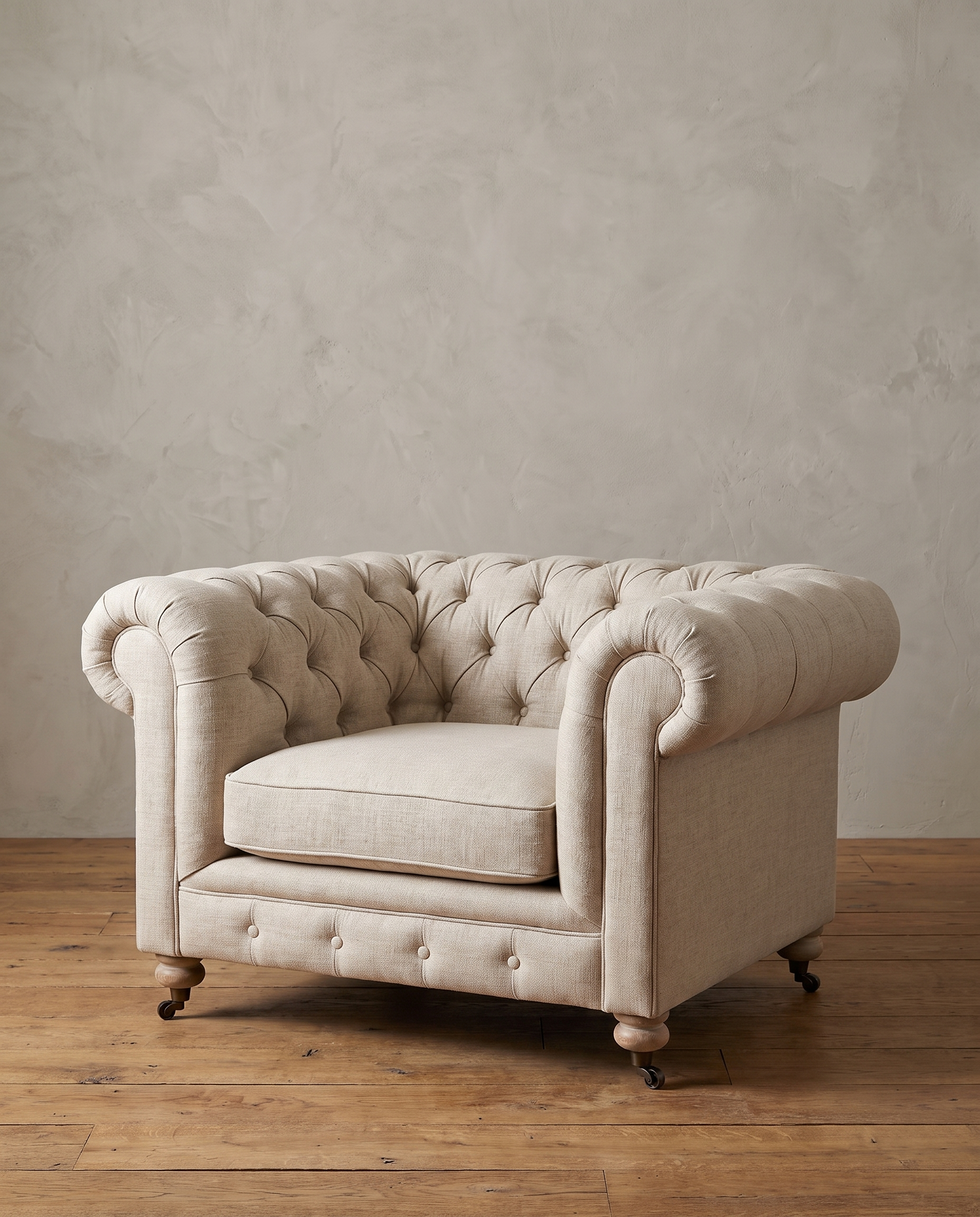 Natural linen tufted chesterfield chair-and-a-half, three-quarter view, against a troweled plaster wall on a reclaimed wood floor