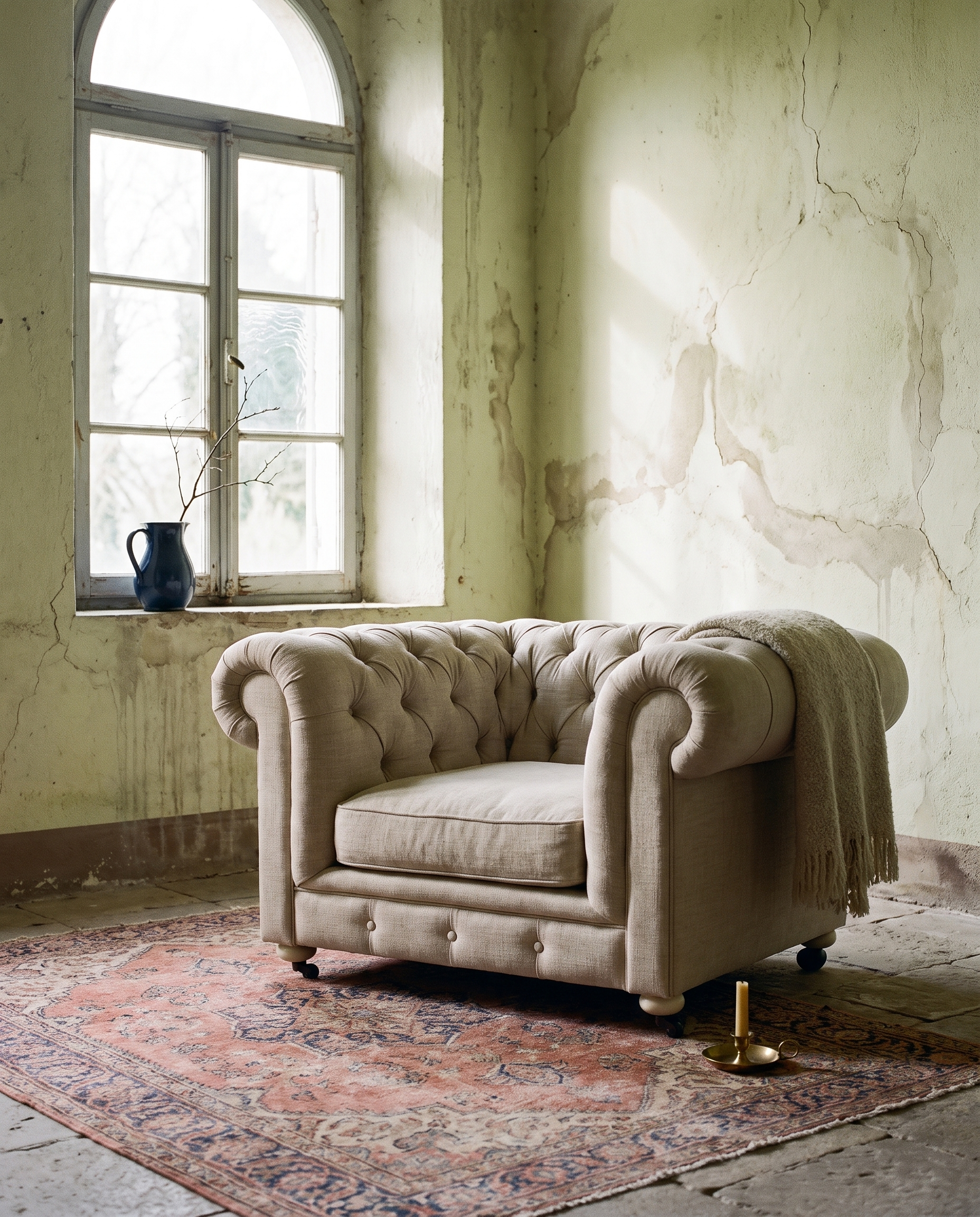 The chair in a room of weathered plaster beneath an arched window, a wool throw over one corner and a faded antique rug underfoot