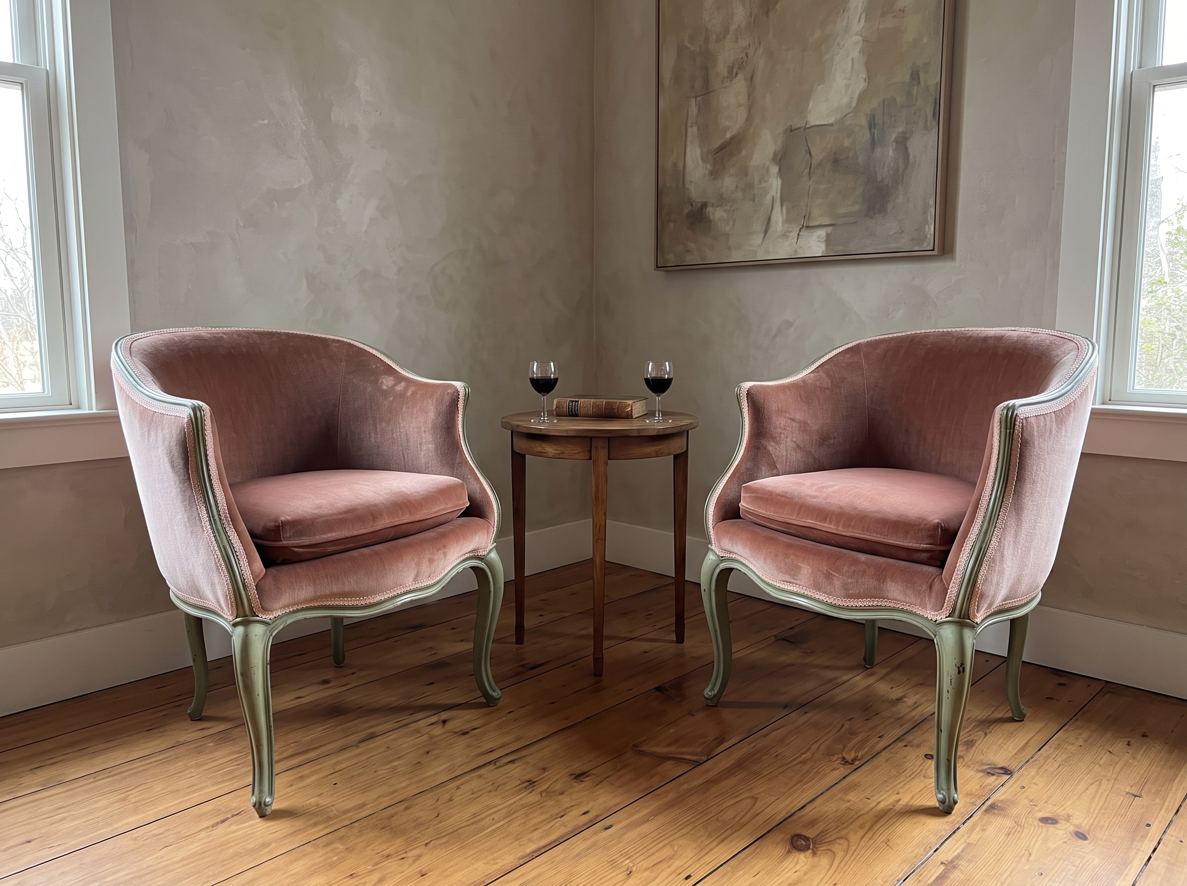 Pair of rose velvet bergères facing each other in a sitting room corner with a small wood side table, two glasses of wine and a book