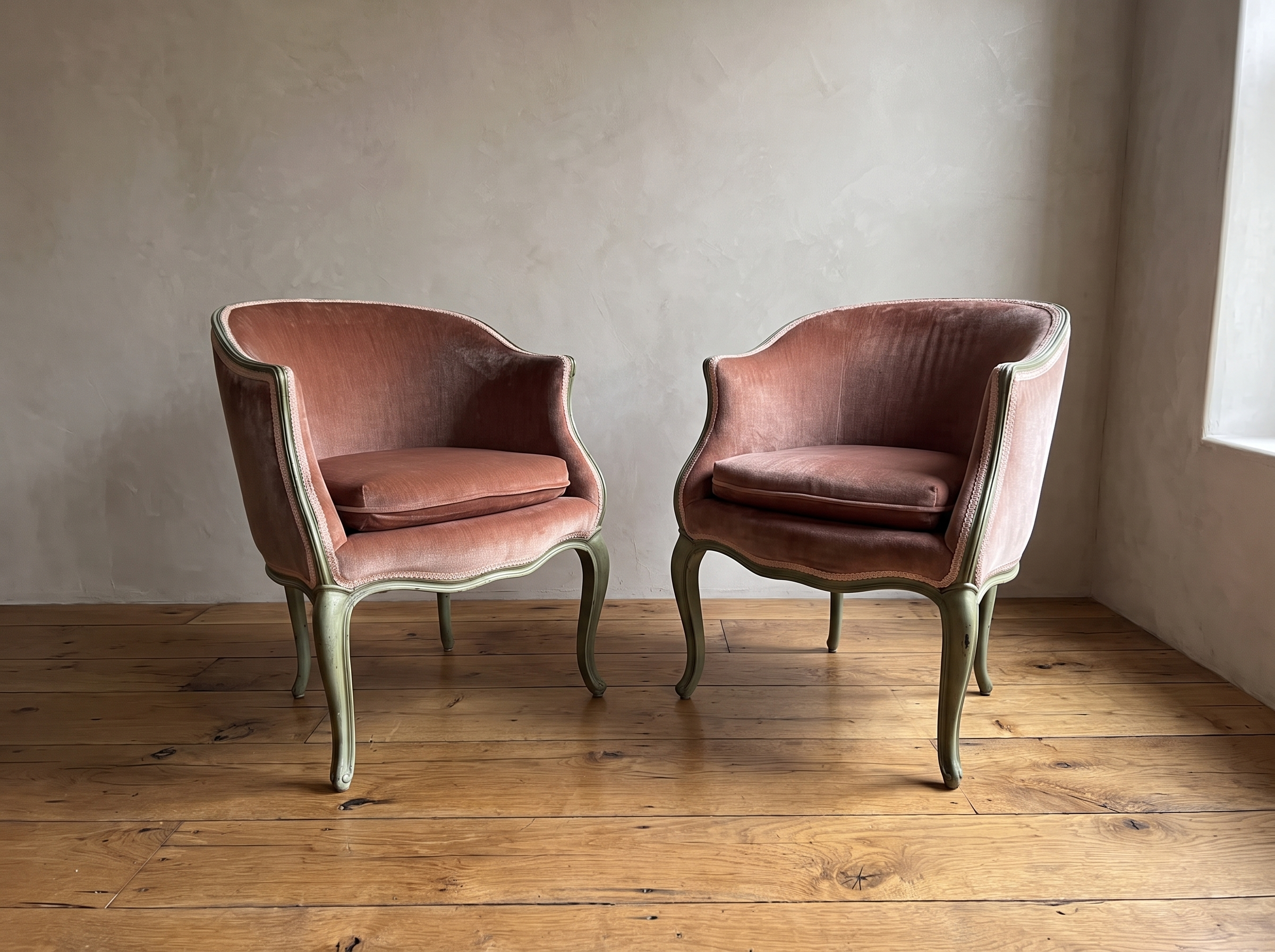 Pair of vintage Louis XV style bergères en gondole in dusty rose velvet with painted sage green frames, side by side against a plaster wall on a reclaimed wood floor