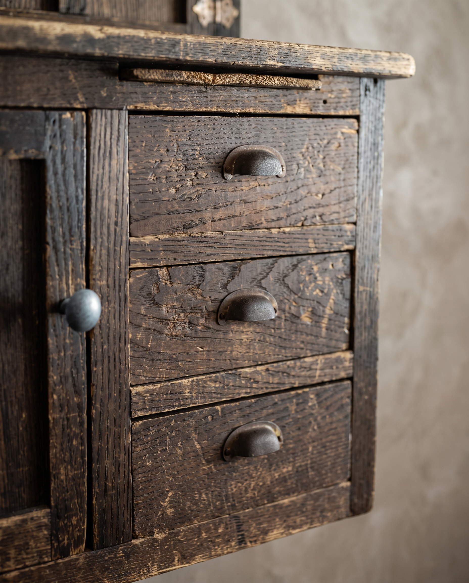 Detail of three drawers with iron cup pulls on the Antique Hoosier Bakers Cabinet