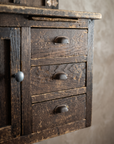 Detail of three drawers with iron cup pulls on the Antique Hoosier Bakers Cabinet