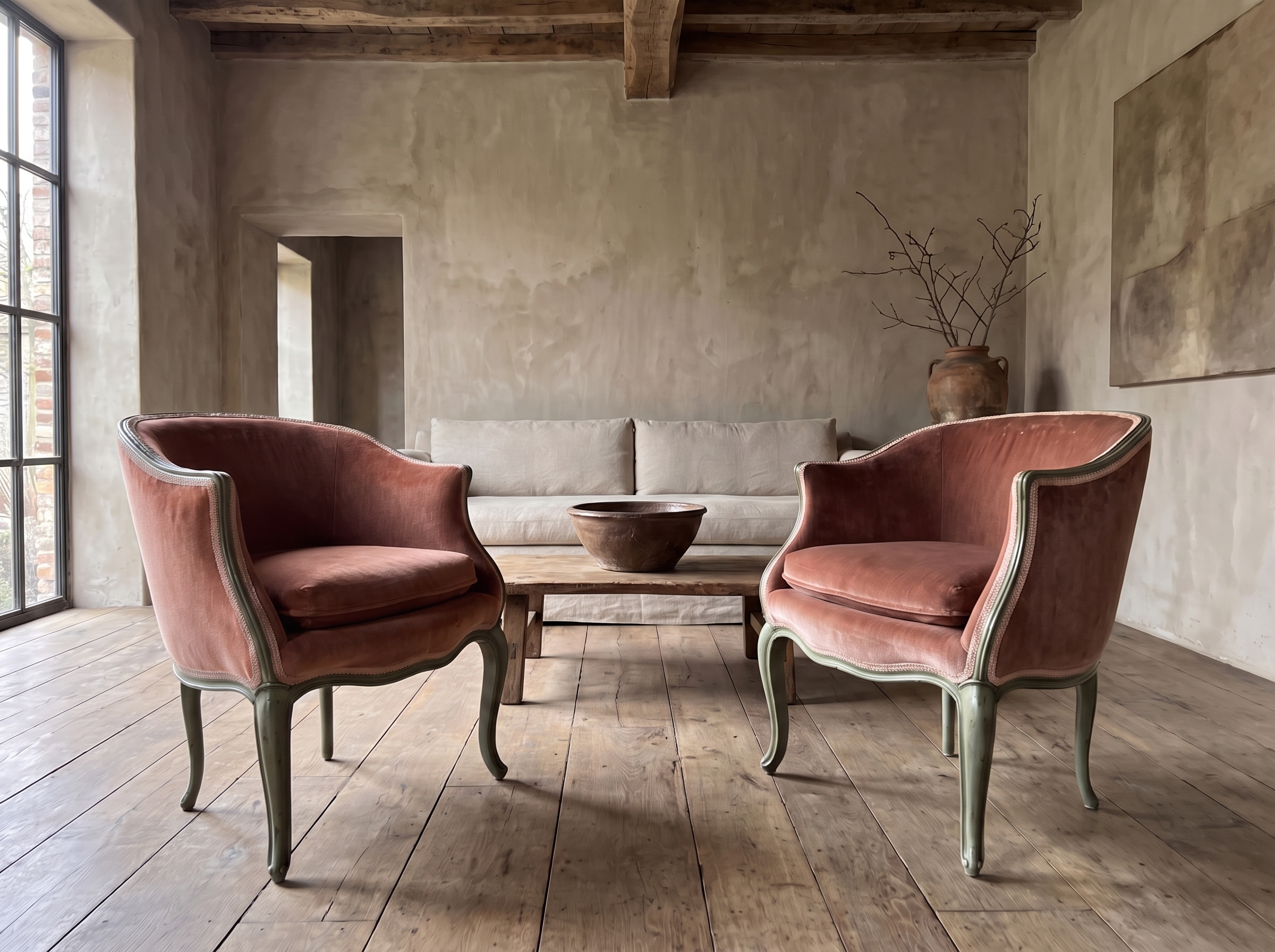 Pair of rose velvet bergères en gondole with sage green frames in a wabi-sabi living room with lime plaster walls, timber beams, a linen sofa and reclaimed oak floors