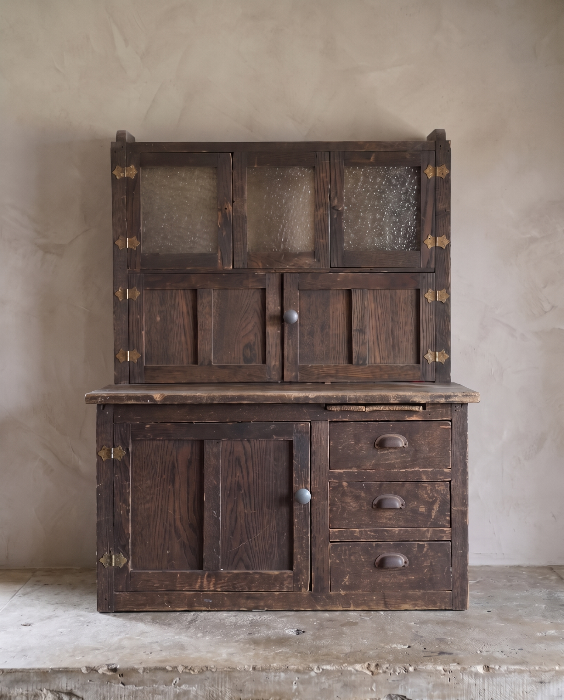 Antique Hoosier Bakers Cabinet front view on a limestone counter against a greige plaster wall