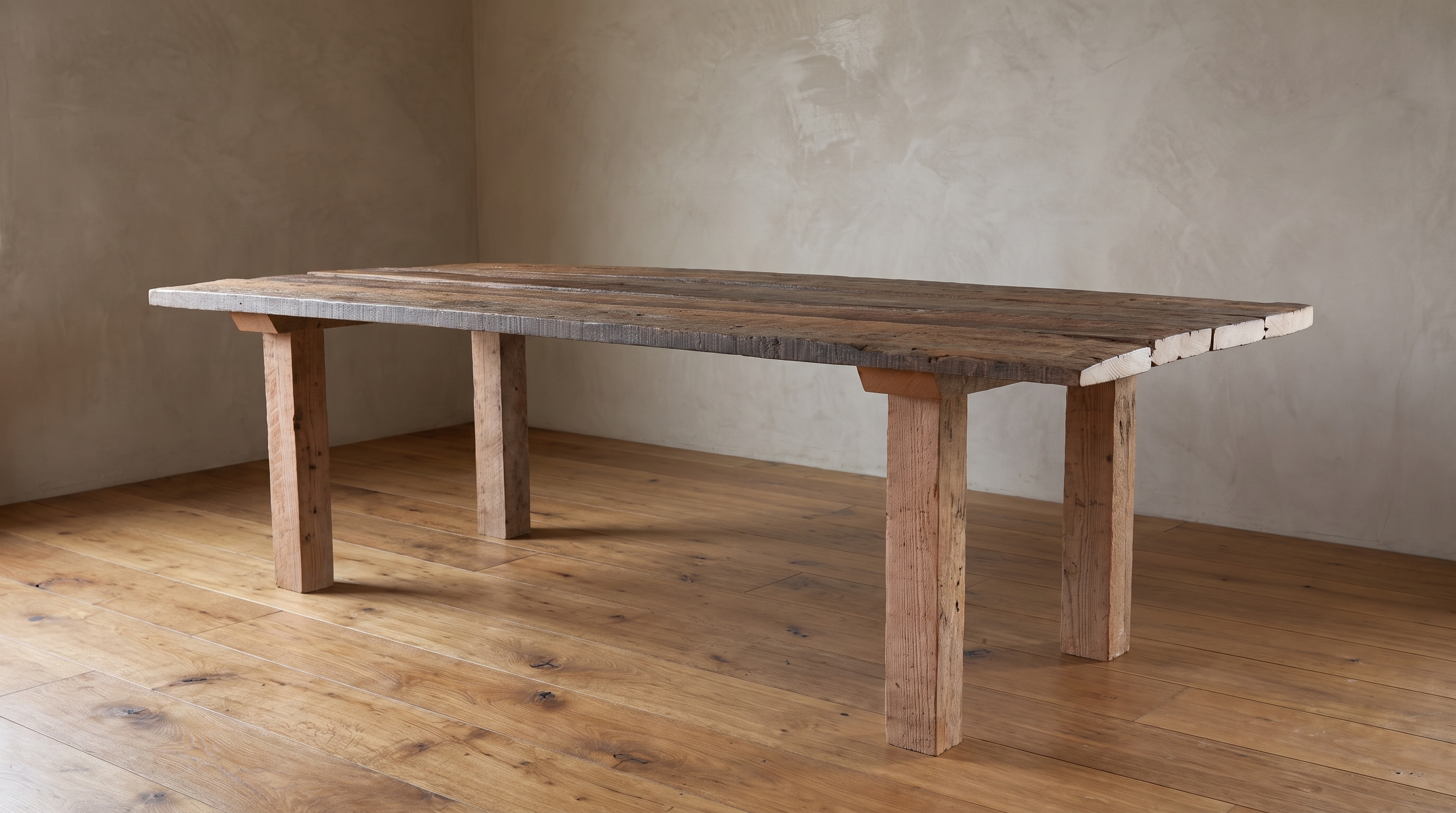 Long side view of the redwood dining table showing the plank top, staggered plank ends and four square redwood legs