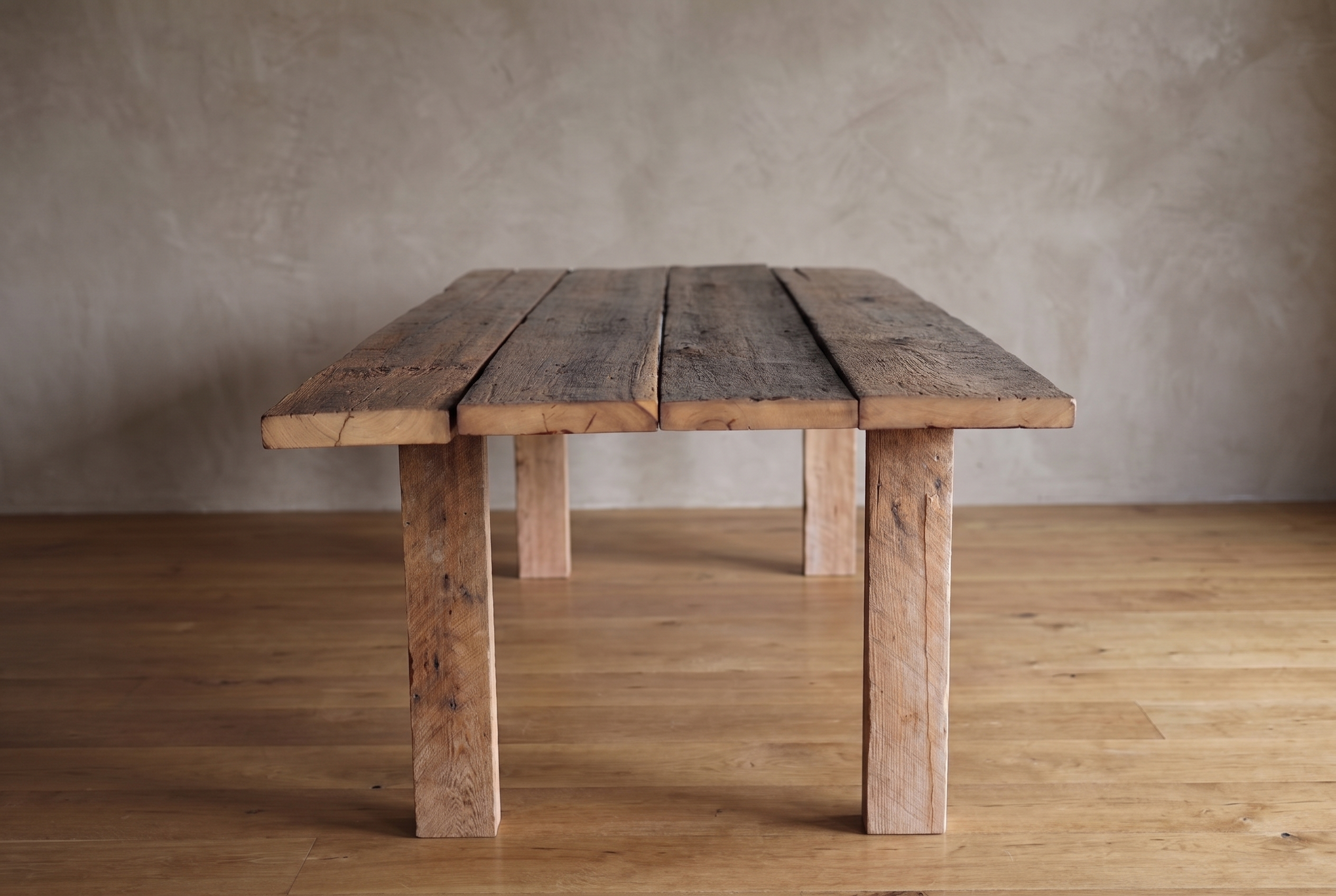 End view of the redwood dining table showing the separate planks and square legs