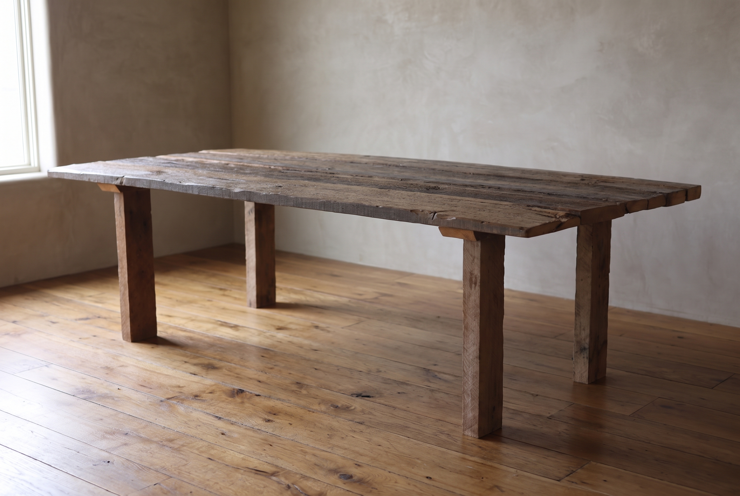 California Redwood Dining Table in fallen old-growth redwood, three-quarter view in a plaster-walled room with reclaimed wood floors