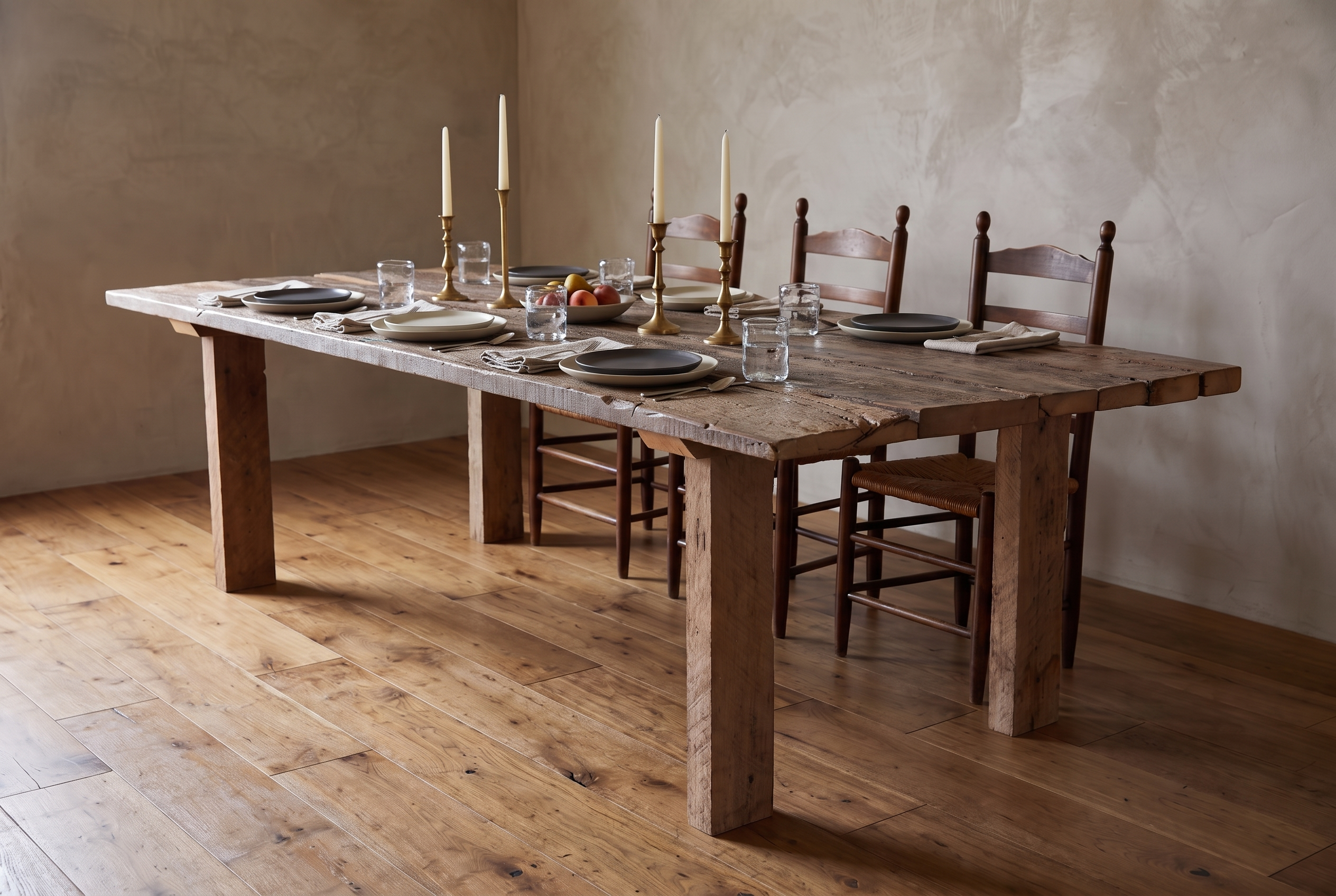 Redwood dining table in daylight with stoneware plates, clear artisan water glasses, brass candlesticks and a bowl of fruit