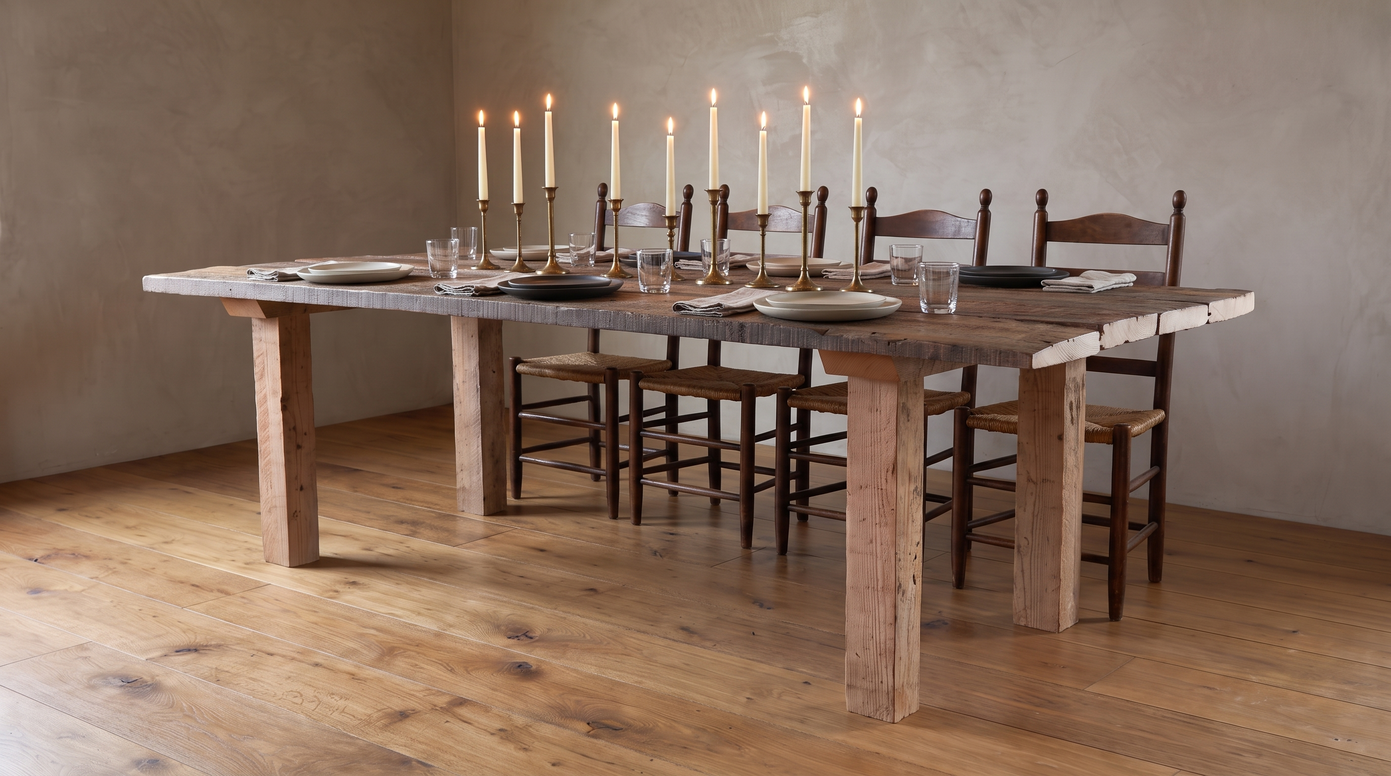 Redwood dining table set for an evening dinner with lit taper candles in brass candlesticks, stoneware plates and clear water glasses