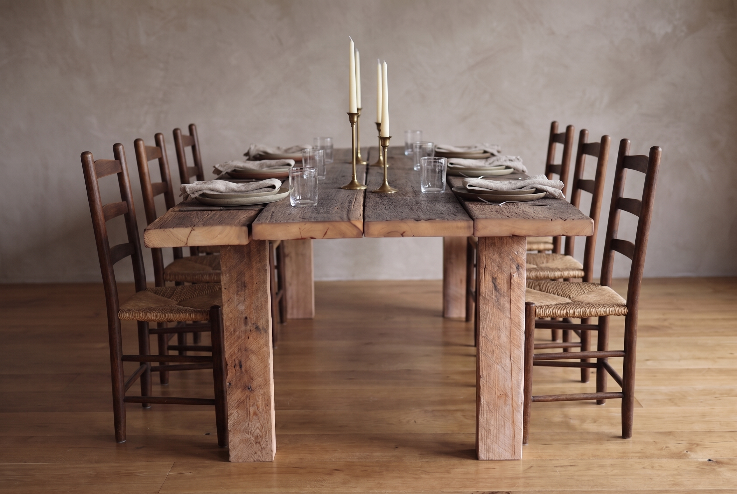 End view of the redwood dining table set with place settings, candlesticks and rush-seat chairs