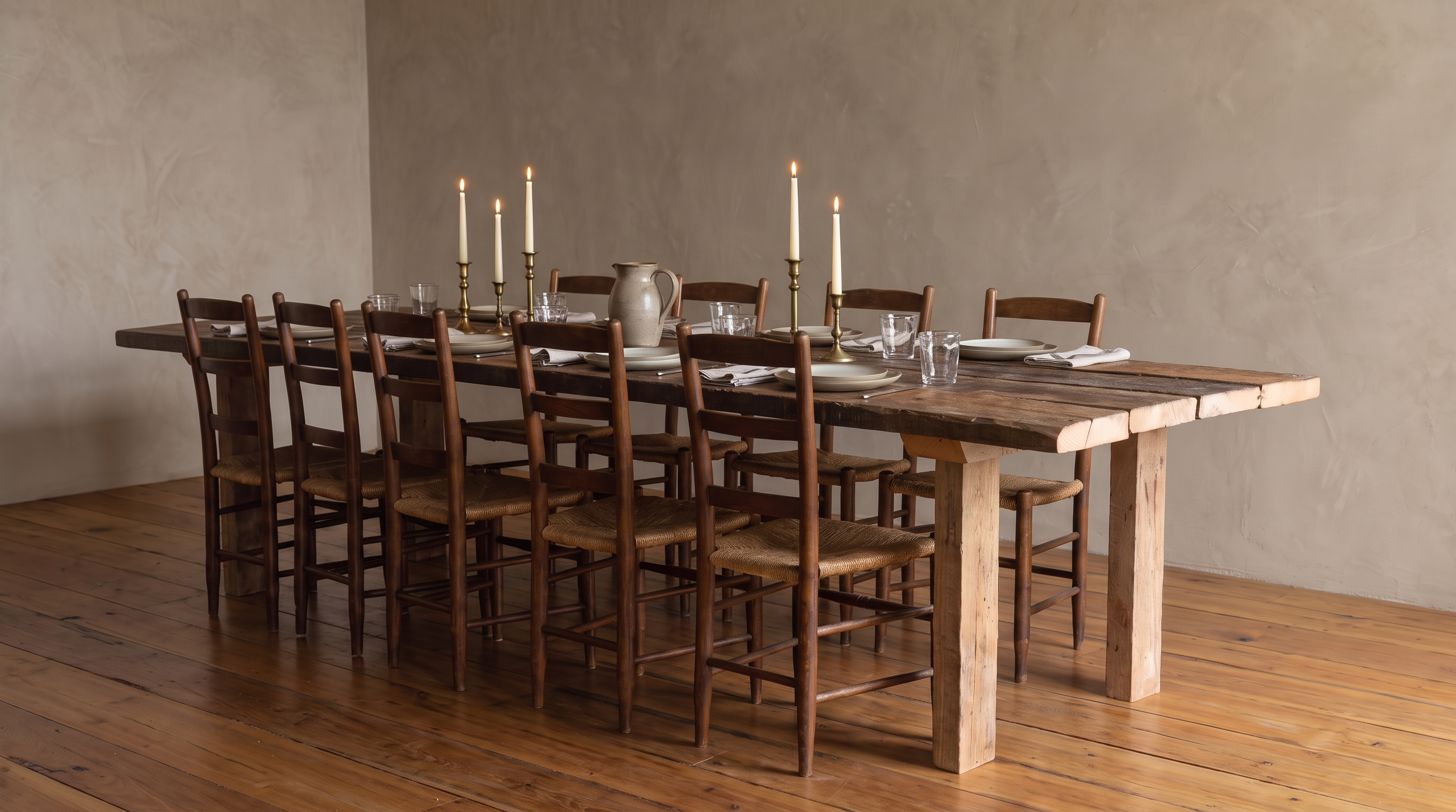 Redwood dining table set for ten with rush-seat ladder-back chairs, brass candlesticks and a stoneware pitcher