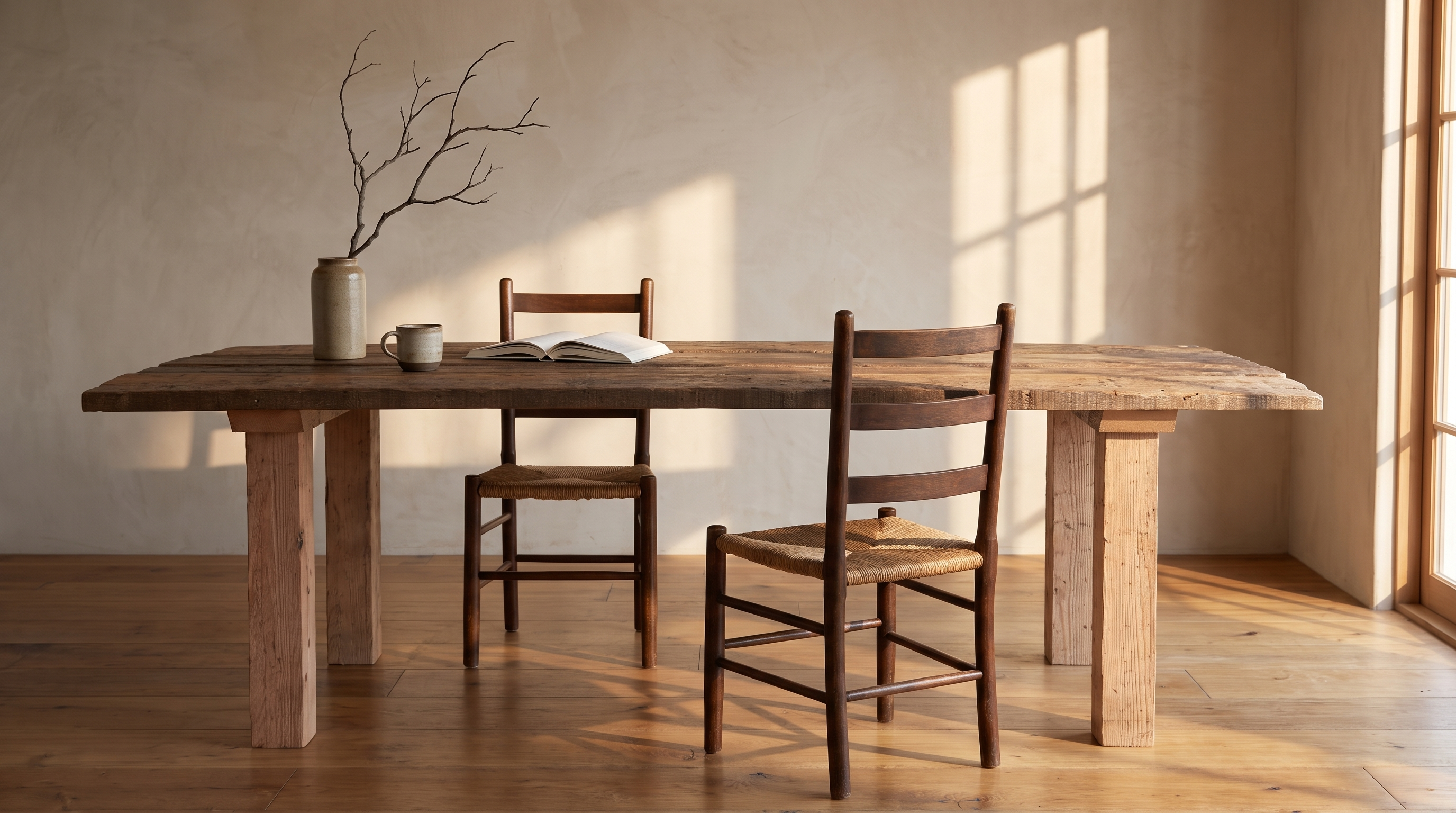 Redwood dining table in morning window light with a coffee cup, open book, branch in a stoneware vase and two rush-seat chairs
