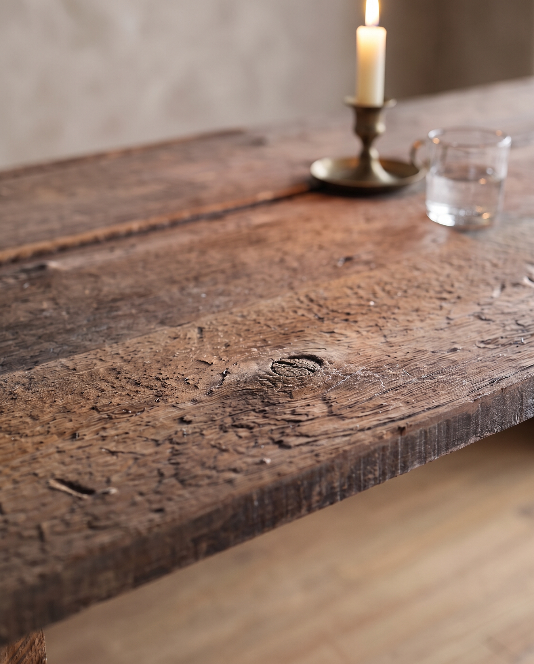 Candlelit close-up of the redwood plank top with a brass candlestick and a clear water glass