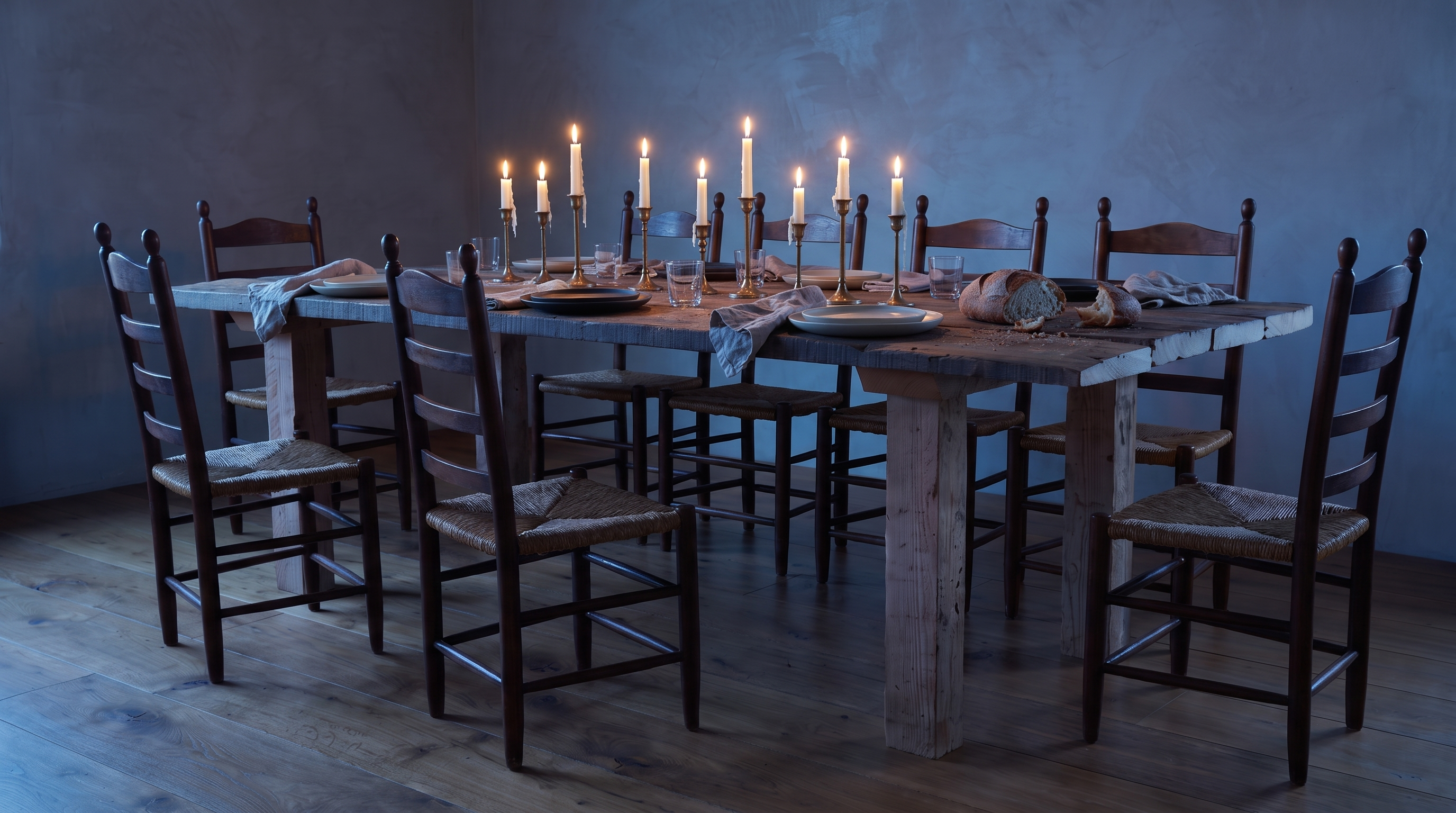 Redwood dining table after dinner at dusk with candles burned low, torn bread and chairs pushed back