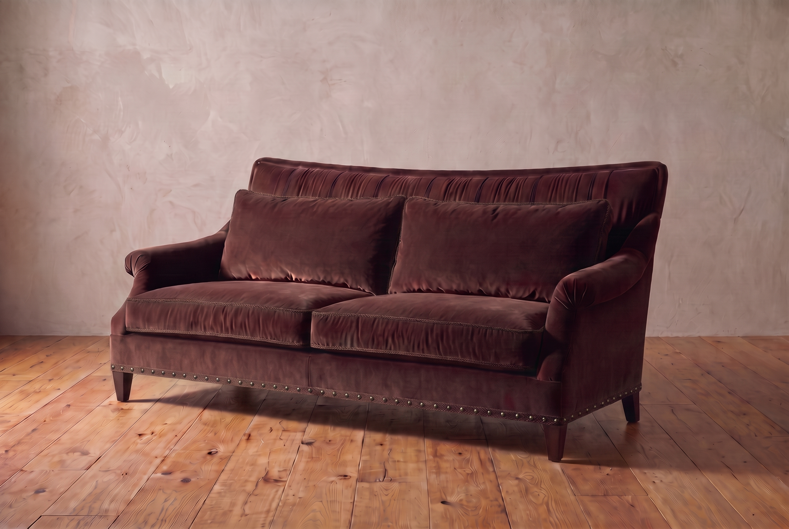 Taylor King espresso brown velvet English roll-arm sofa, hero shot against a tadelakt plaster wall and reclaimed wood floor
