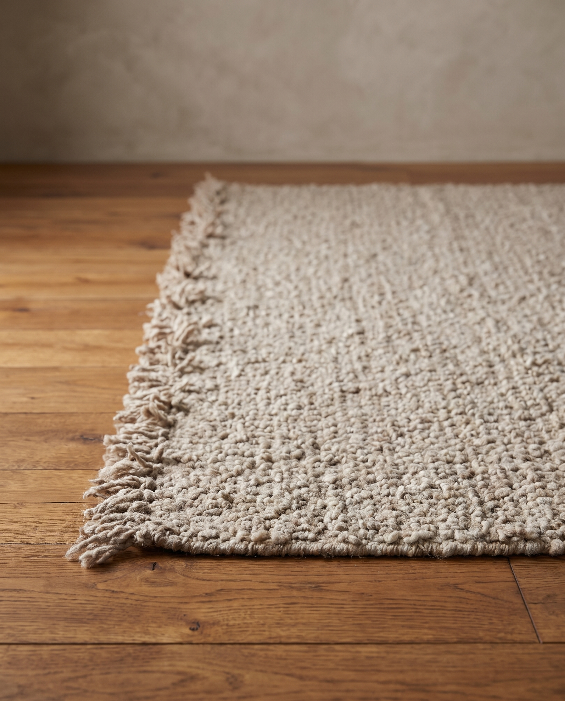 Corner of the Awanay Jume Soga rug with its shaggy natural wool fringe on a reclaimed wood floor