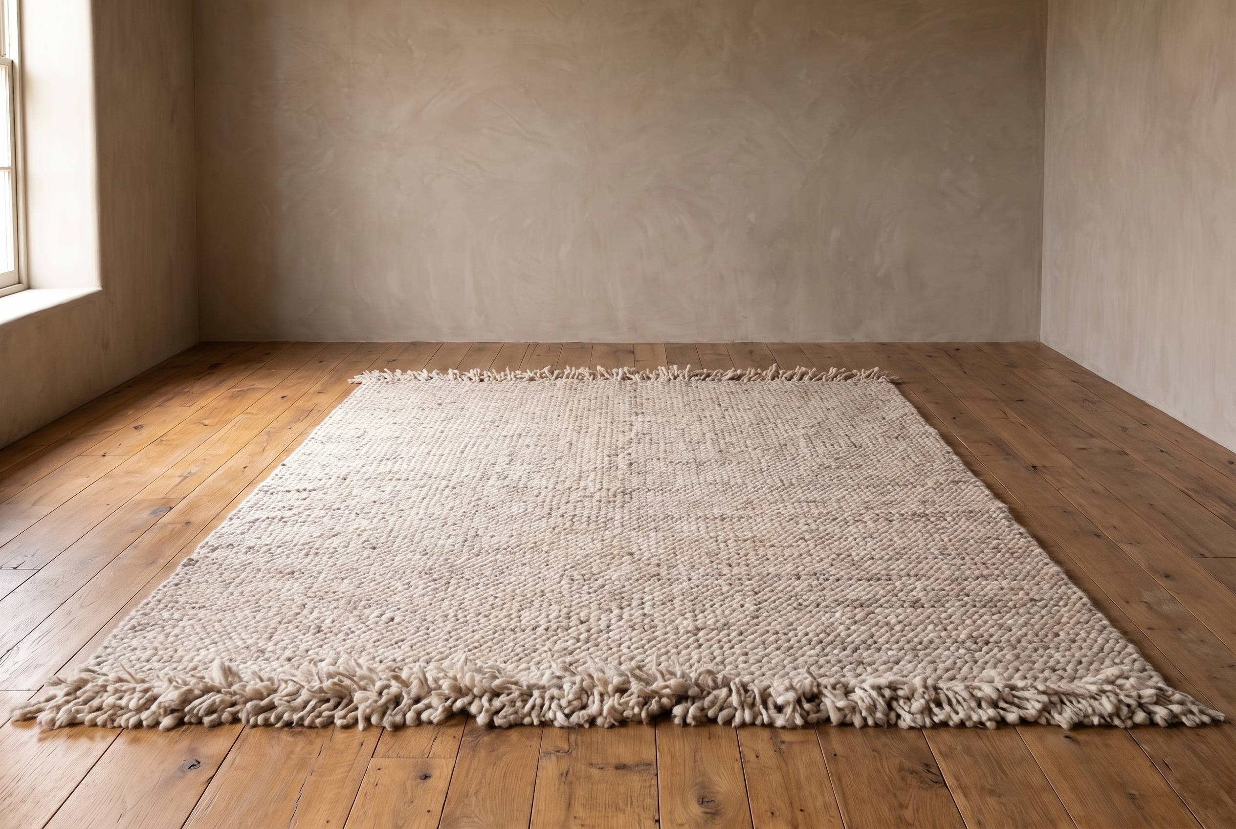 Awanay Jume Soga handwoven Criolla wool rug, 9 x 12, with shaggy wool fringe on both ends, laid flat in an empty room with plaster walls and a reclaimed wood floor
