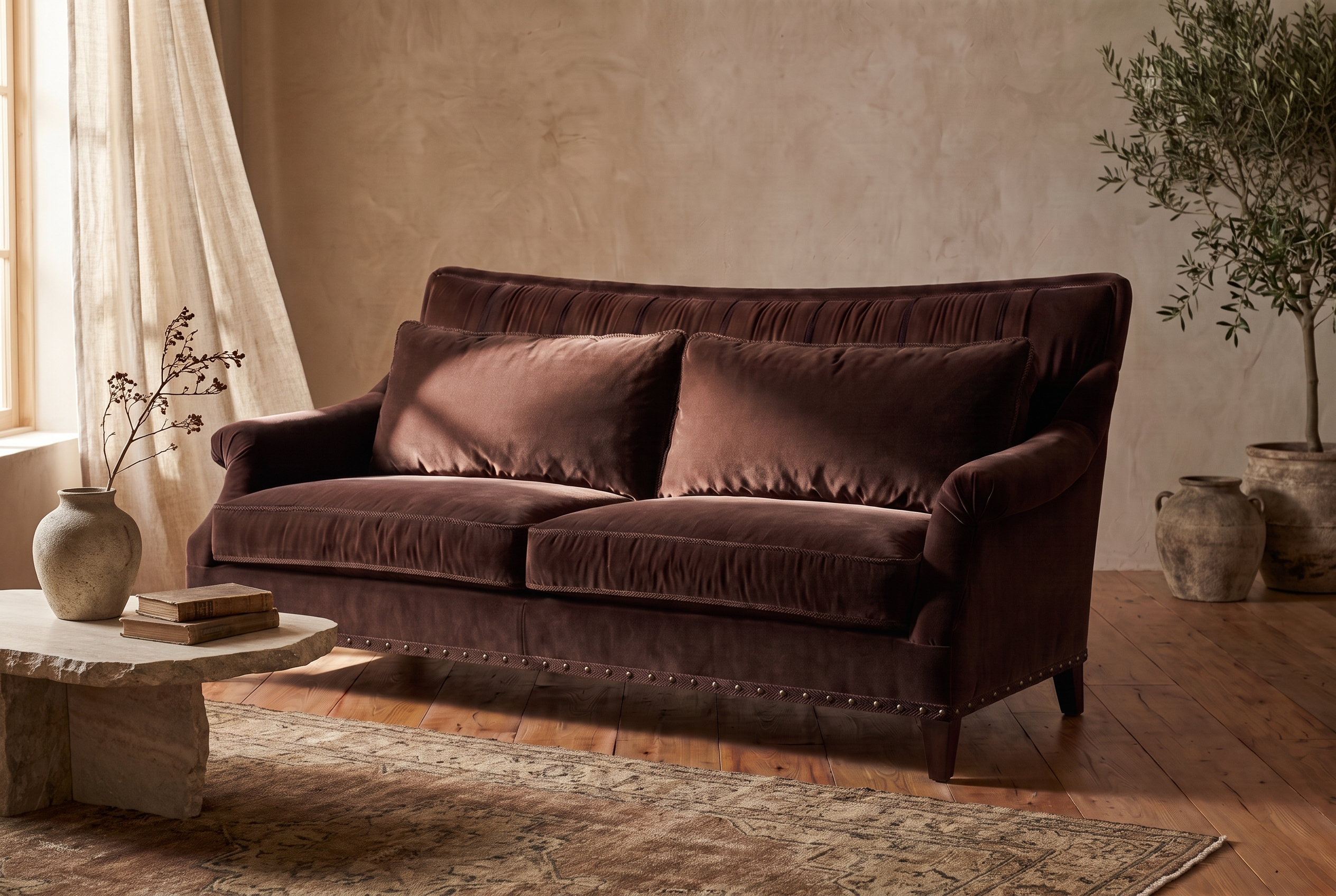 Taylor King espresso brown velvet sofa styled in a warm Organic Erotic living room with plaster walls and reclaimed wood floor