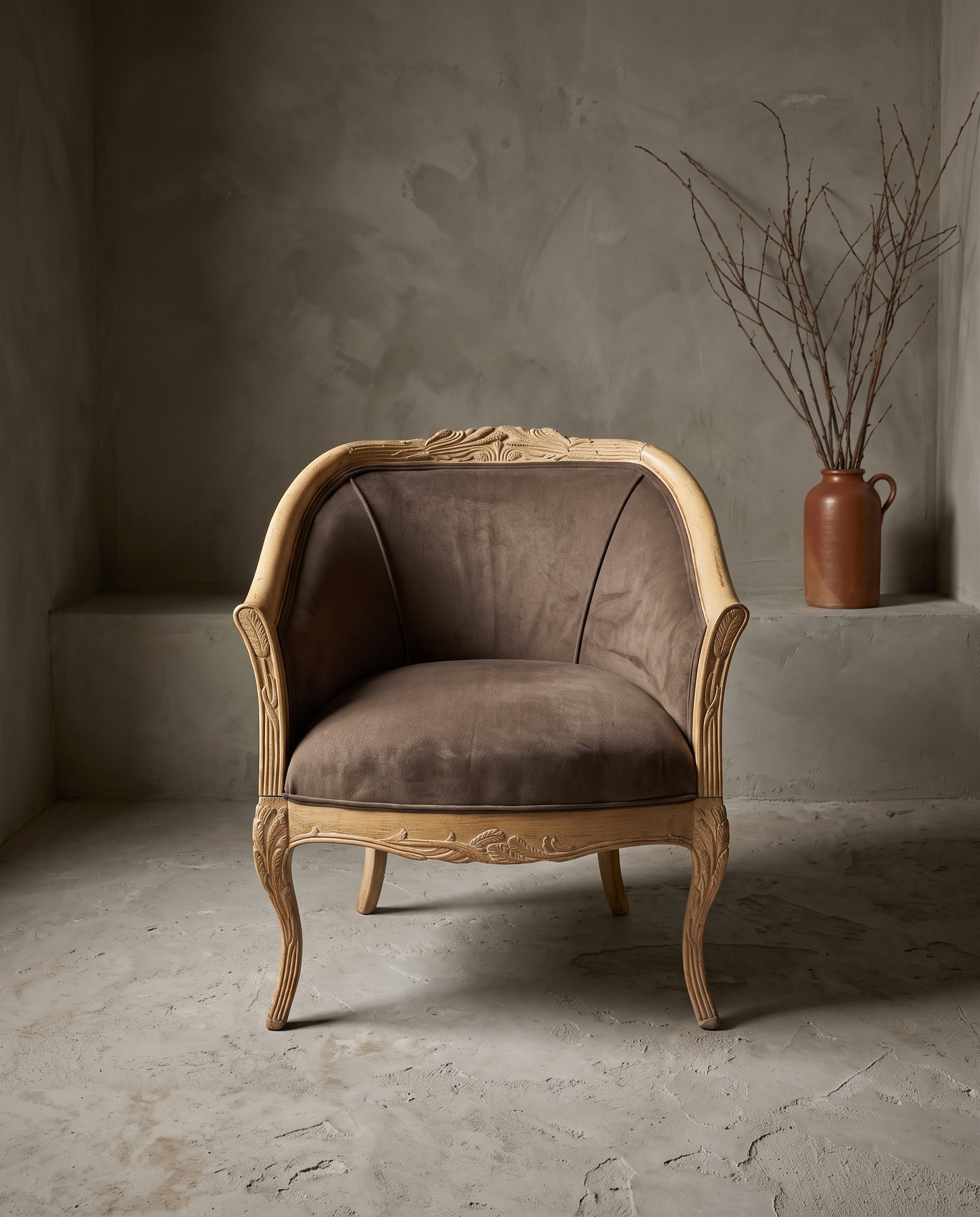 The Harvest, carved wheat motif bergere chair, straight-on front view