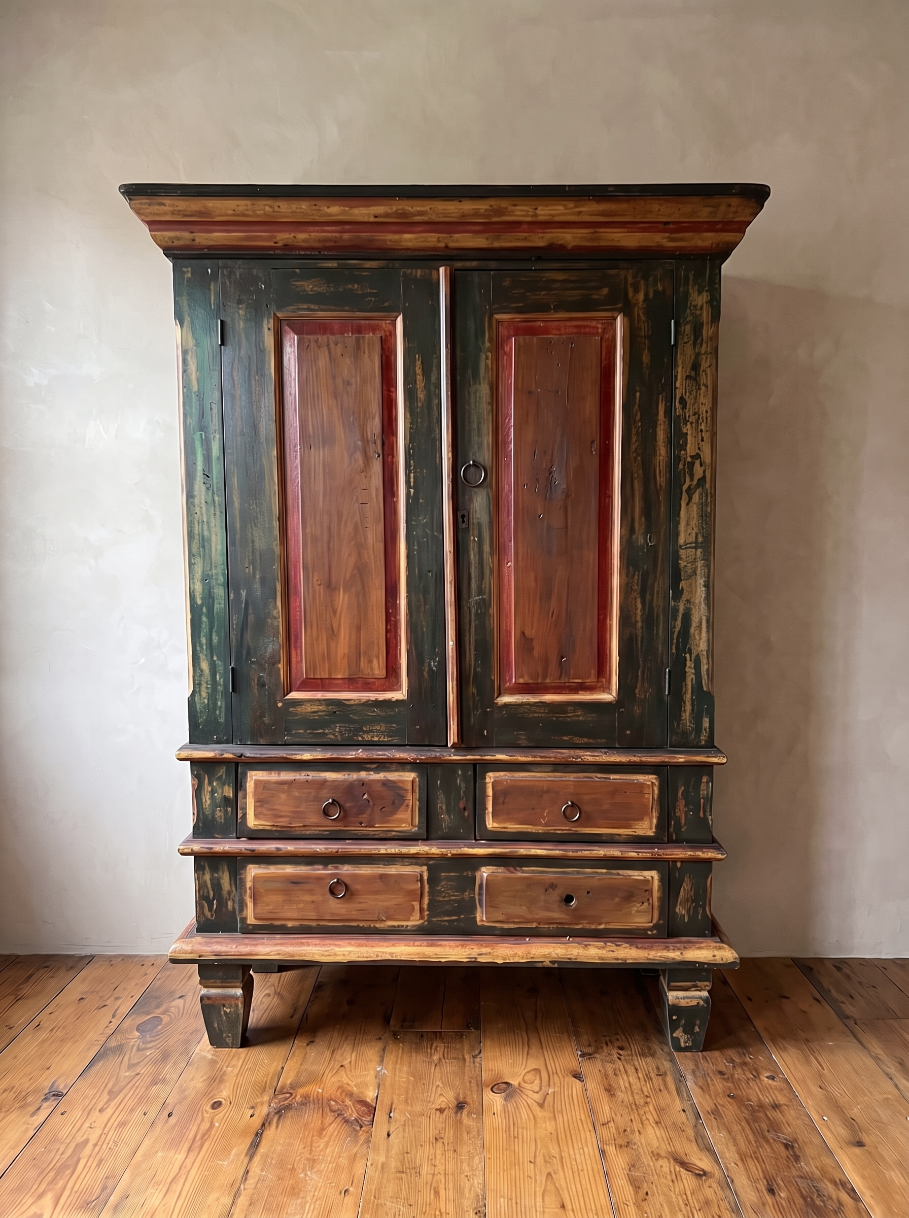 The Batavia Armoire, a painted green-black two-door armoire with red-brown panels and a four-drawer base, against a greige plaster wall on a reclaimed wood floor